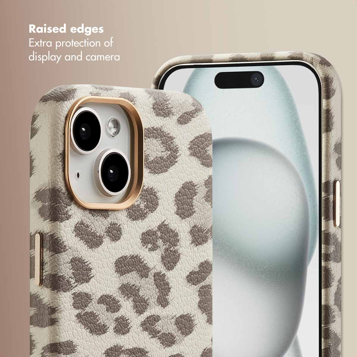 Custodia per smartphone con stampa leopardata beige e marrone, bordi rialzati e anello di protezione della fotocamera.