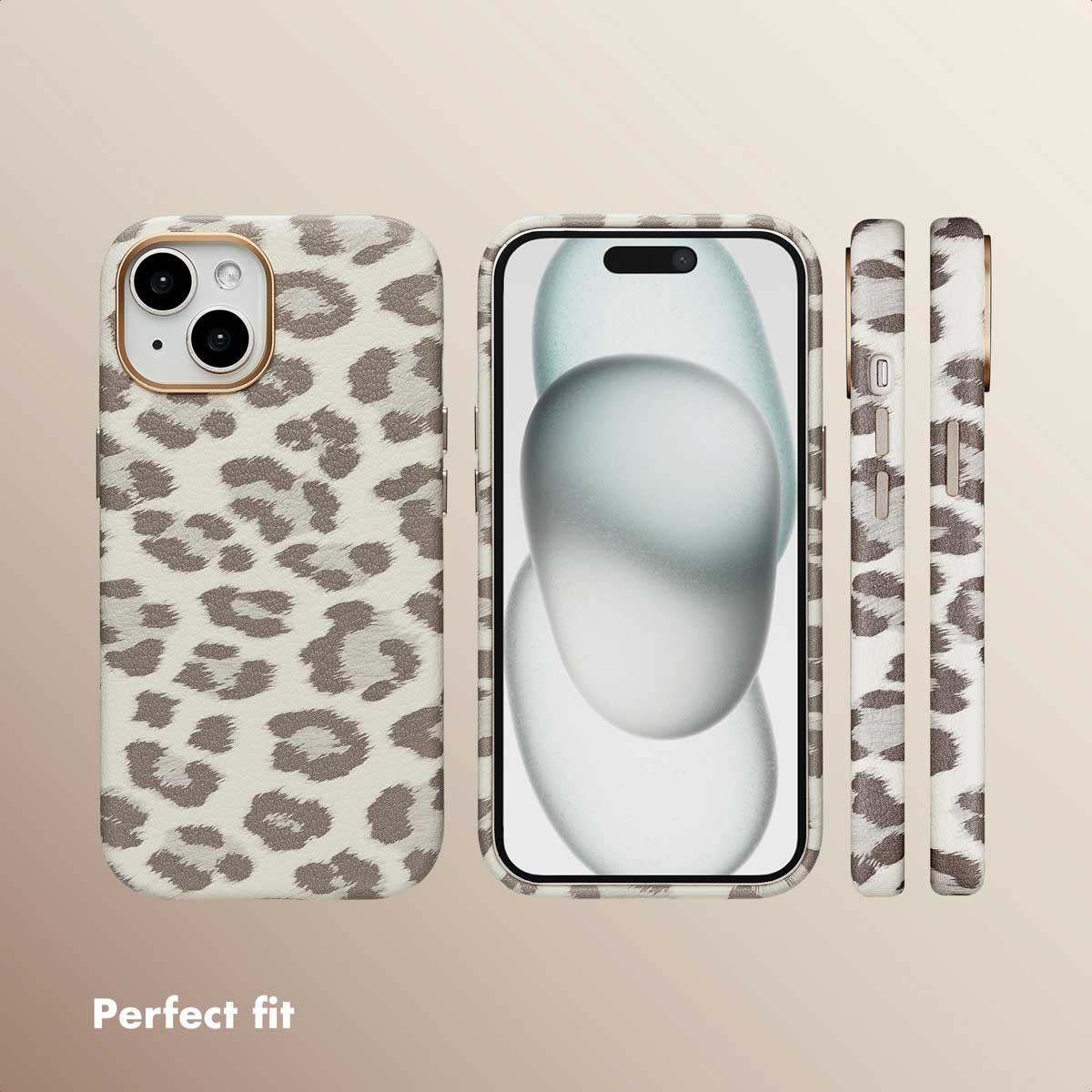 Uno smartphone in più viste con una custodia con stampa leopardata beige e marrone su sfondo chiaro.