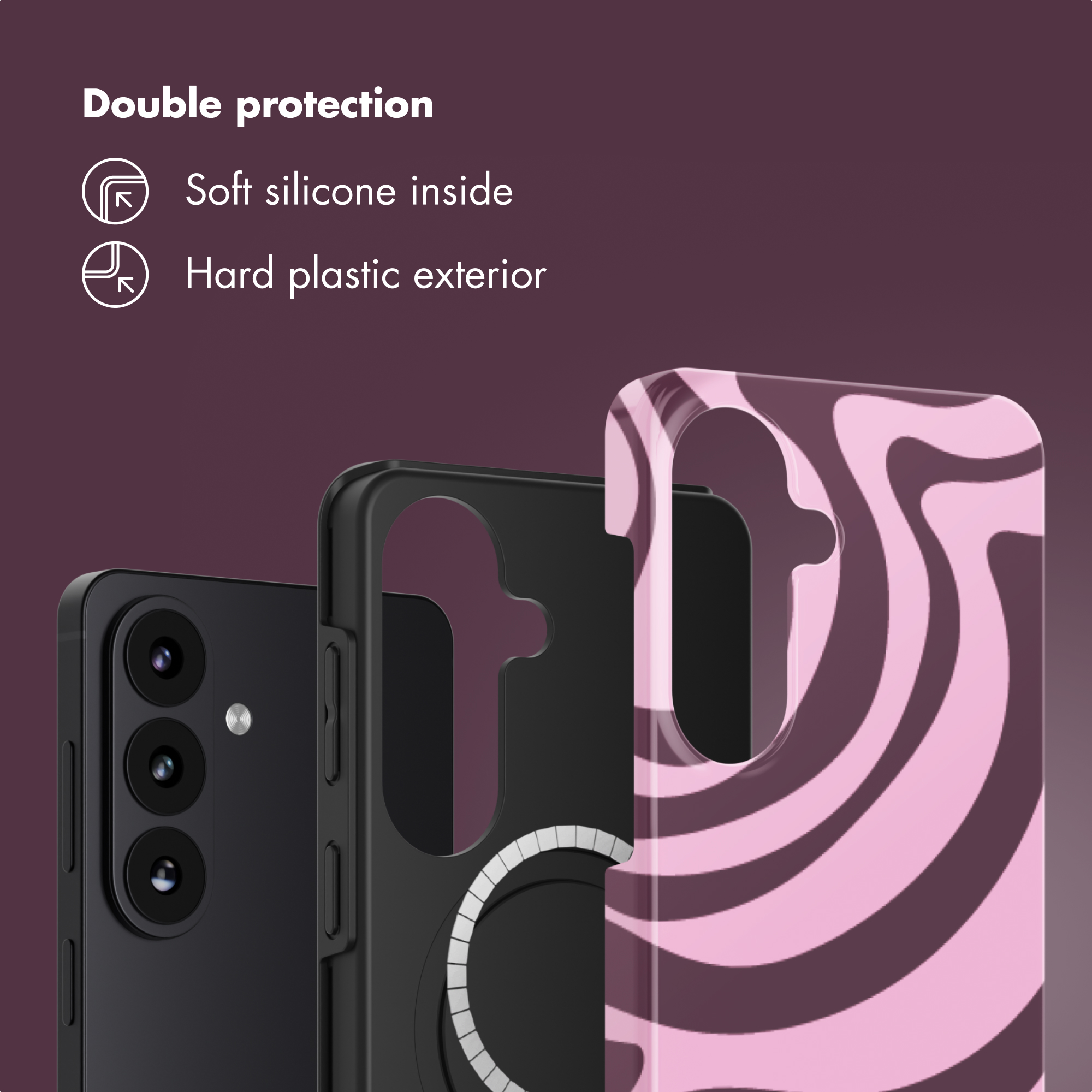 Eine Smartphone-Hülle mit weichem Silikon innen und harter Kunststoffaußenseite mit rosa Muster.