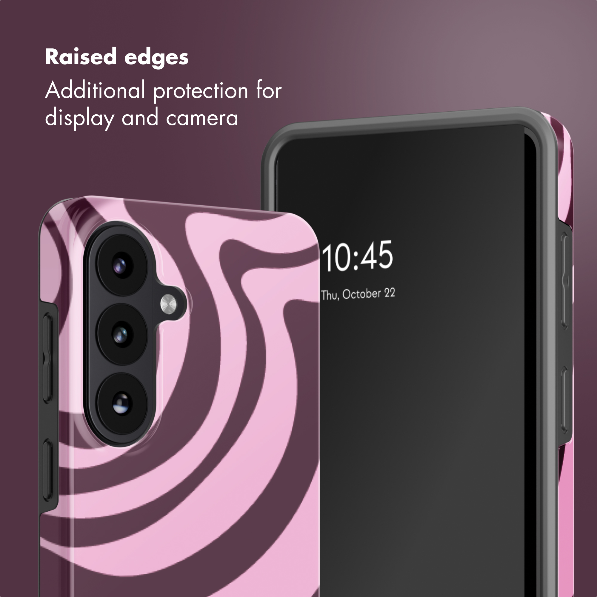 Ein Smartphone in einer rosa-lila gemusterten Hülle mit erhöhten Kanten zum Display- und Kameraschutz.