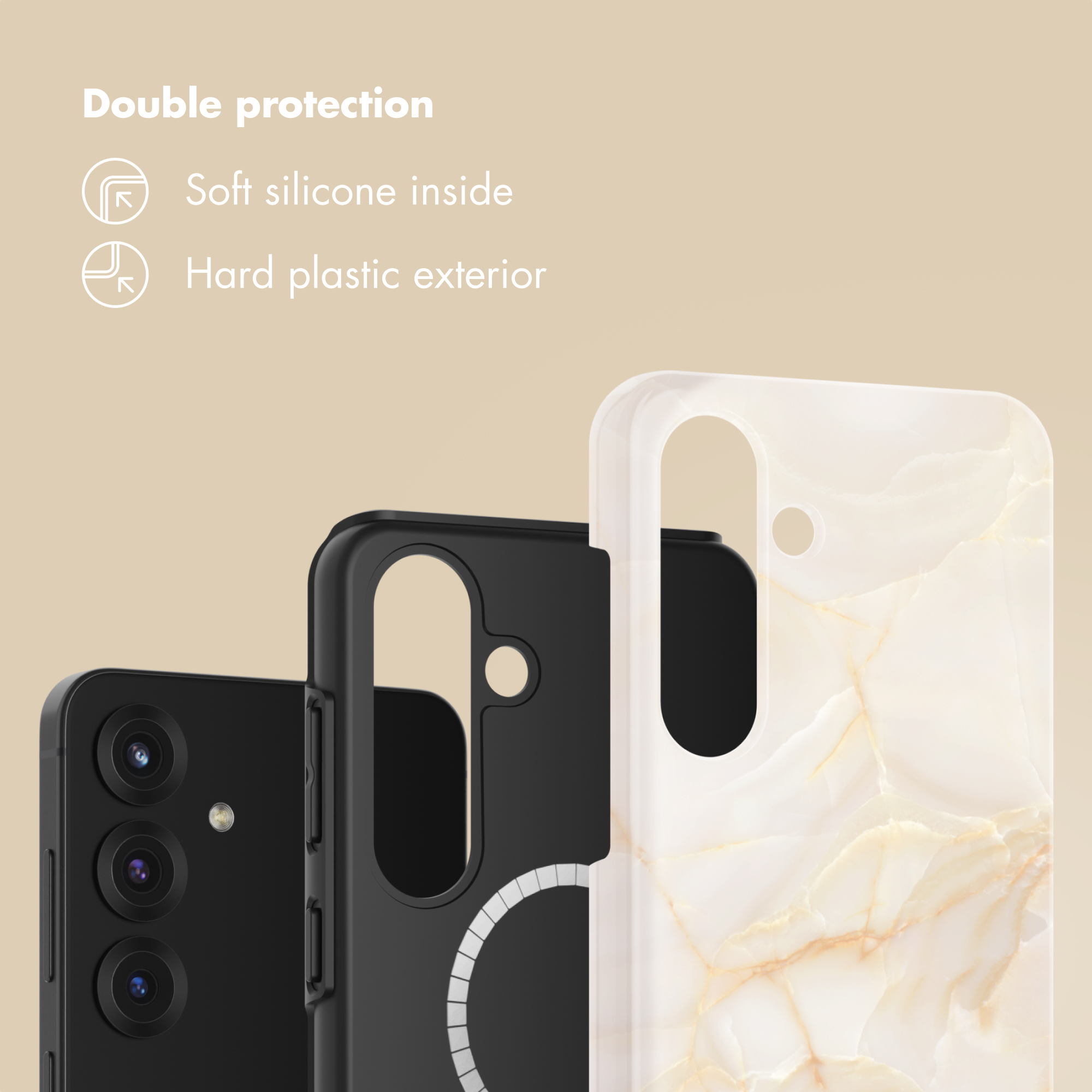 Doble protección: silicona suave por dentro y plástico duro por fuera.