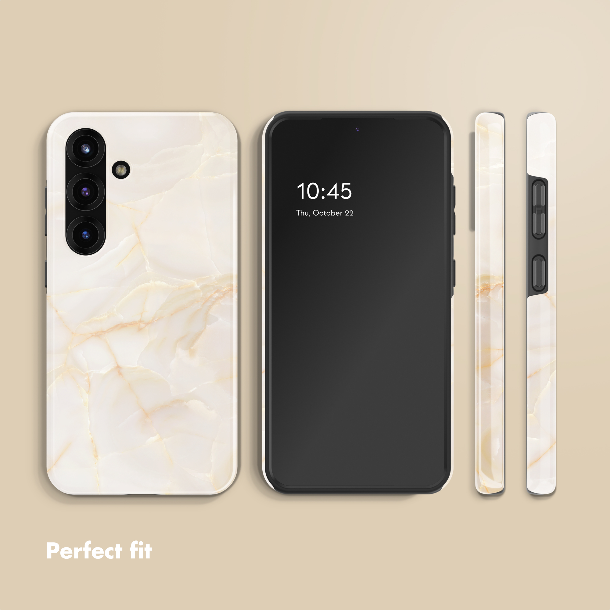 Un teléfono inteligente con funda de mármol blanco y dorado visto desde varios ángulos con fondo liso.