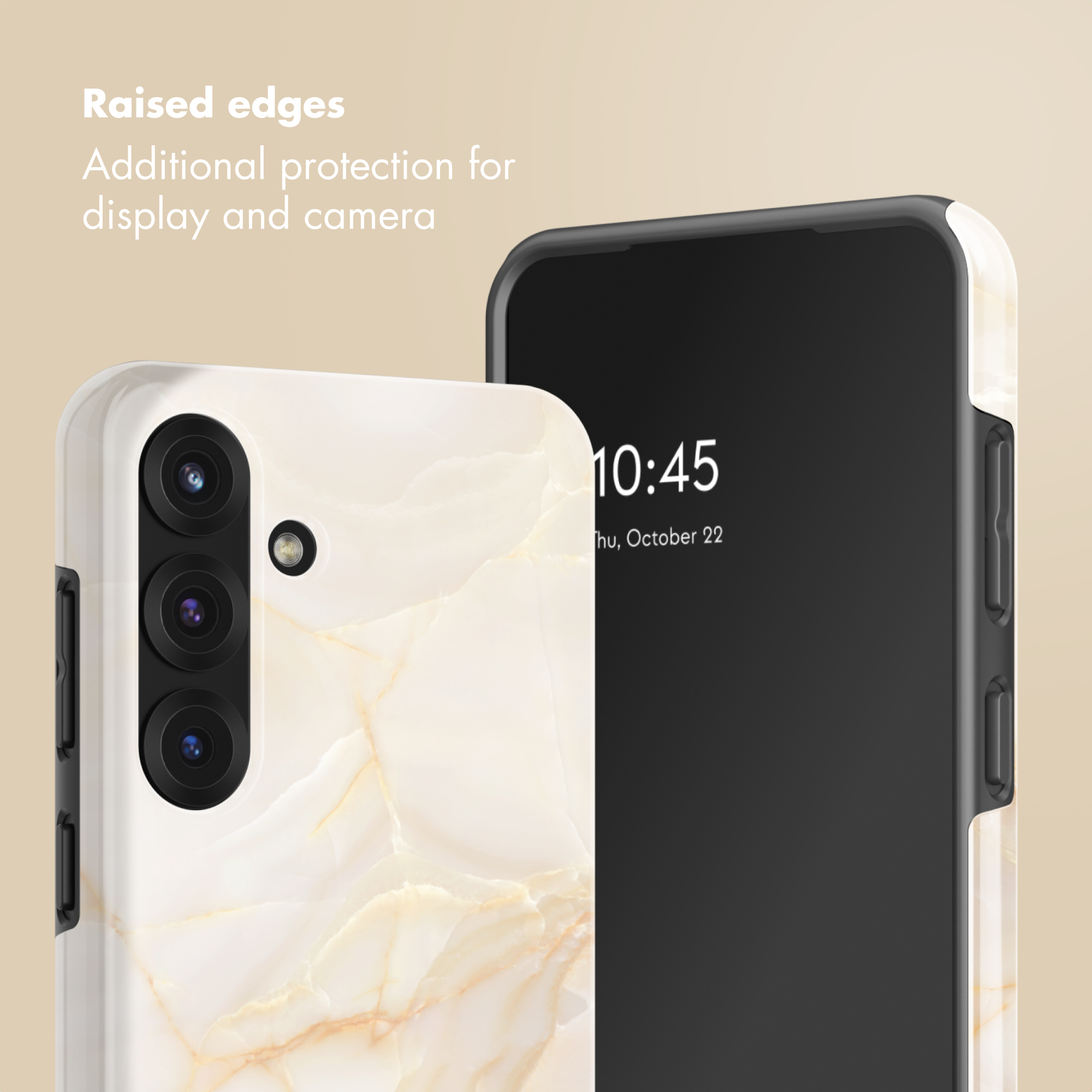 Dos smartphones con funda protectora de mármol blanco sobre fondo beige.