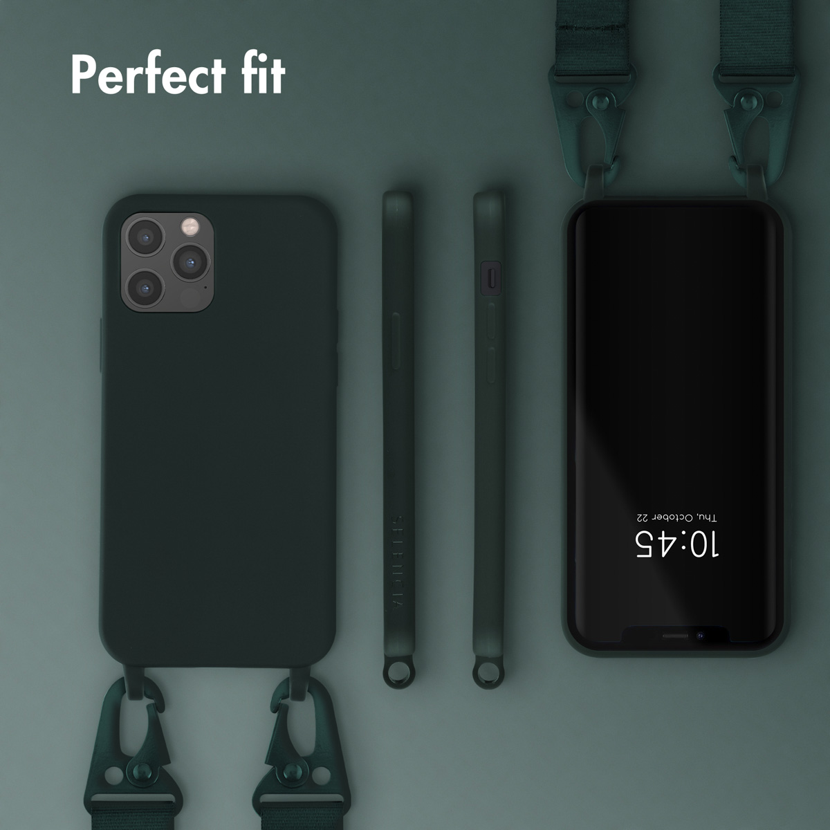Dunkelgrüne Smartphone-Hülle mit verstellbarem Gurt und Text "Perfect fit".