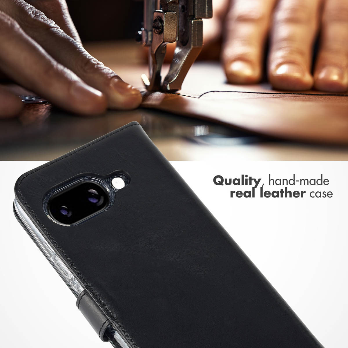 Primer plano de una funda de piel negra para móvil, con un fondo borroso que muestra manos cosiendo cuero con una máquina.