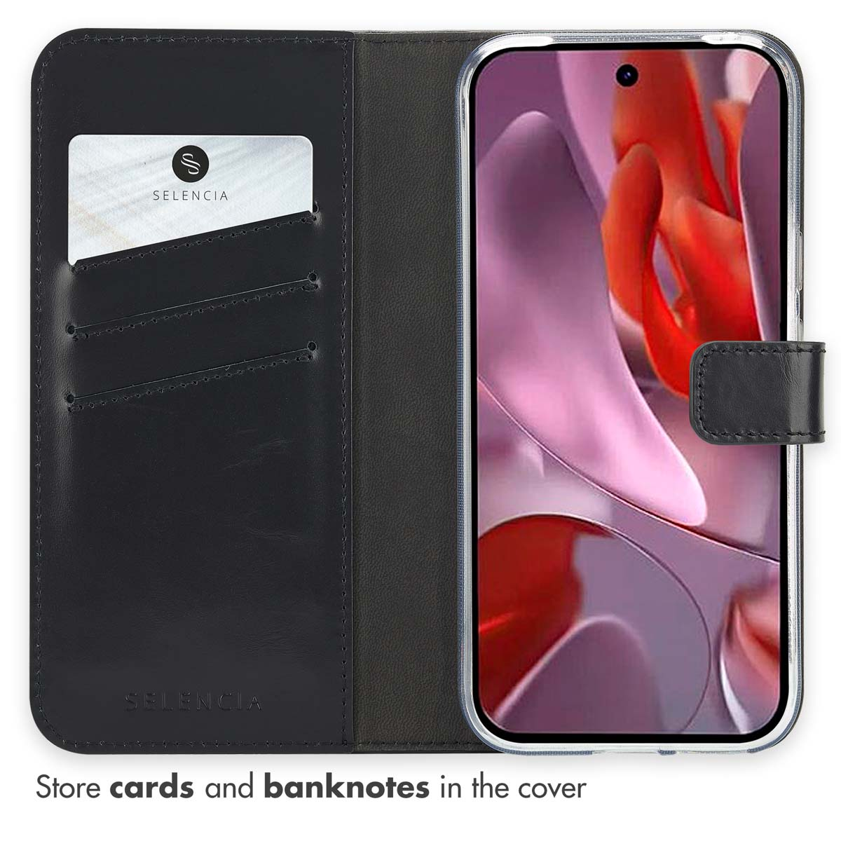 Una funda de piel negra con ranuras para tarjetas incorporadas y un smartphone a la derecha.
