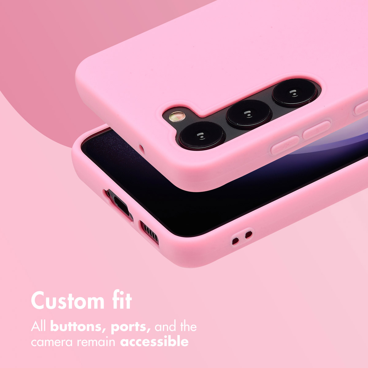 Una custodia rosa per telefono con ritagli precisi per fotocamere, pulsanti e porte.