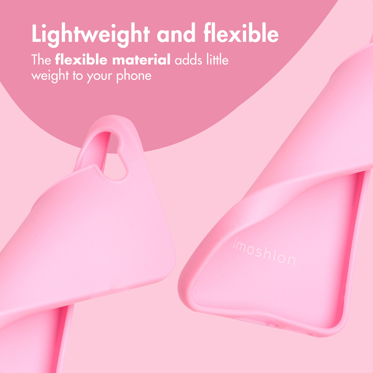 Due custodie flessibili rosa per telefono su sfondo rosa con testo.