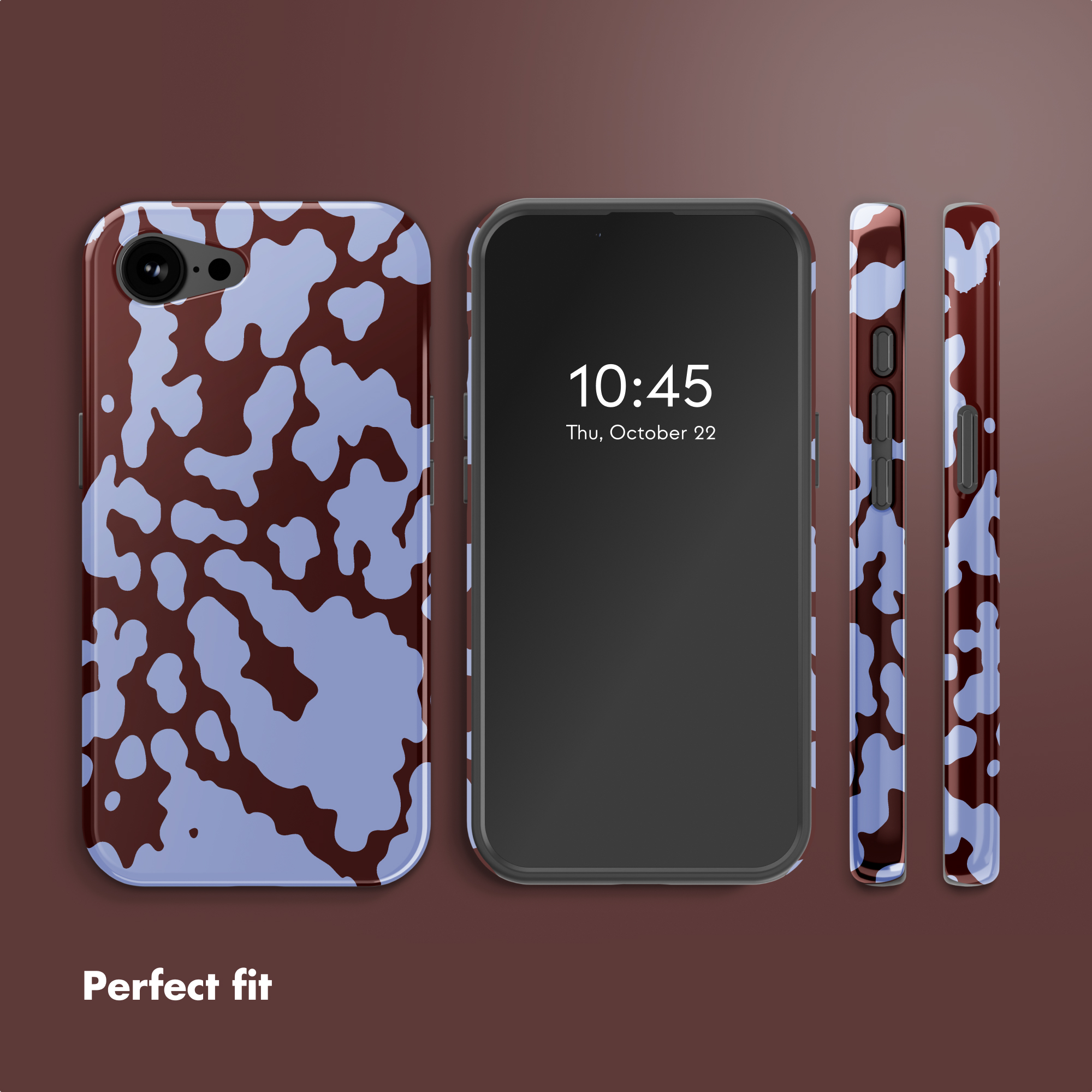 Smartphone con custodia maculata marrone e azzurro mostrato da tutti i lati con la scritta "Perfect fit".