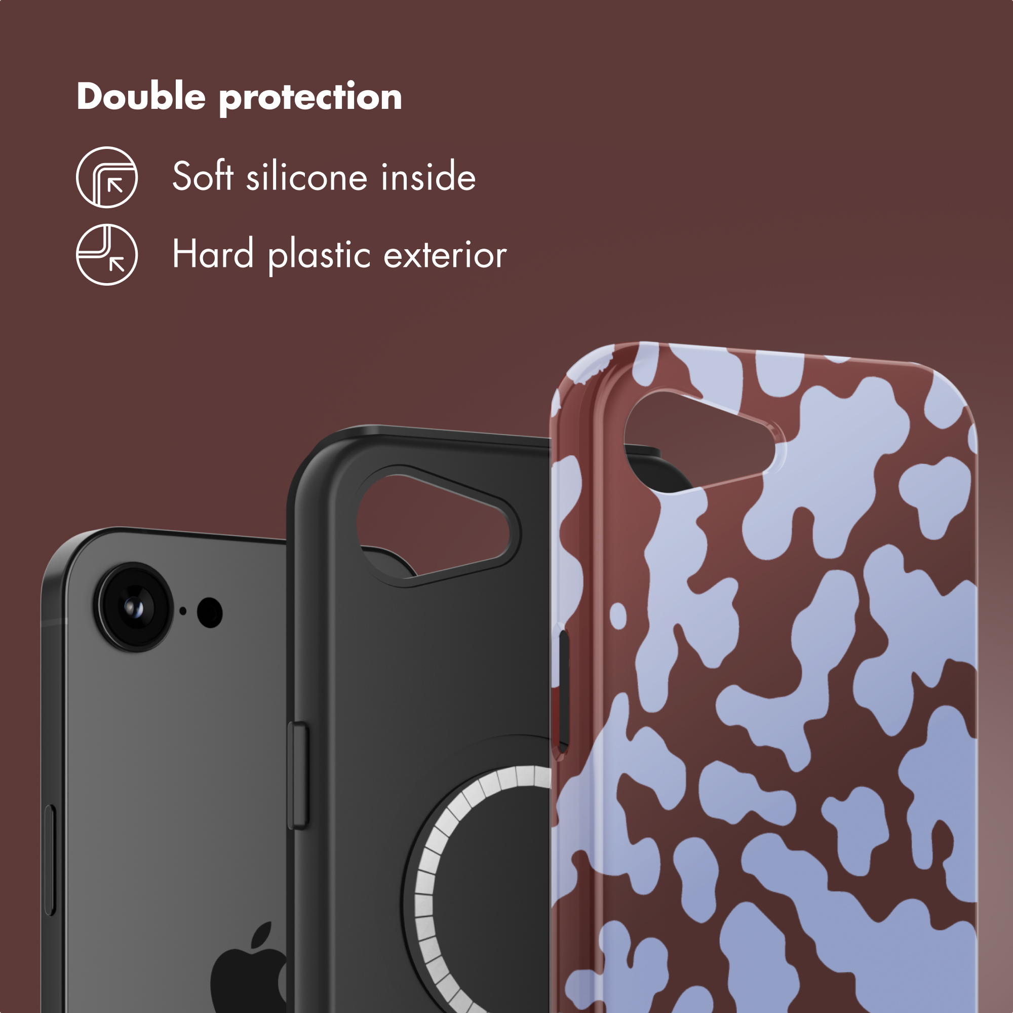 Un iPhone con una custodia nera e una custodia esterna con stampa mucca blu e marrone.