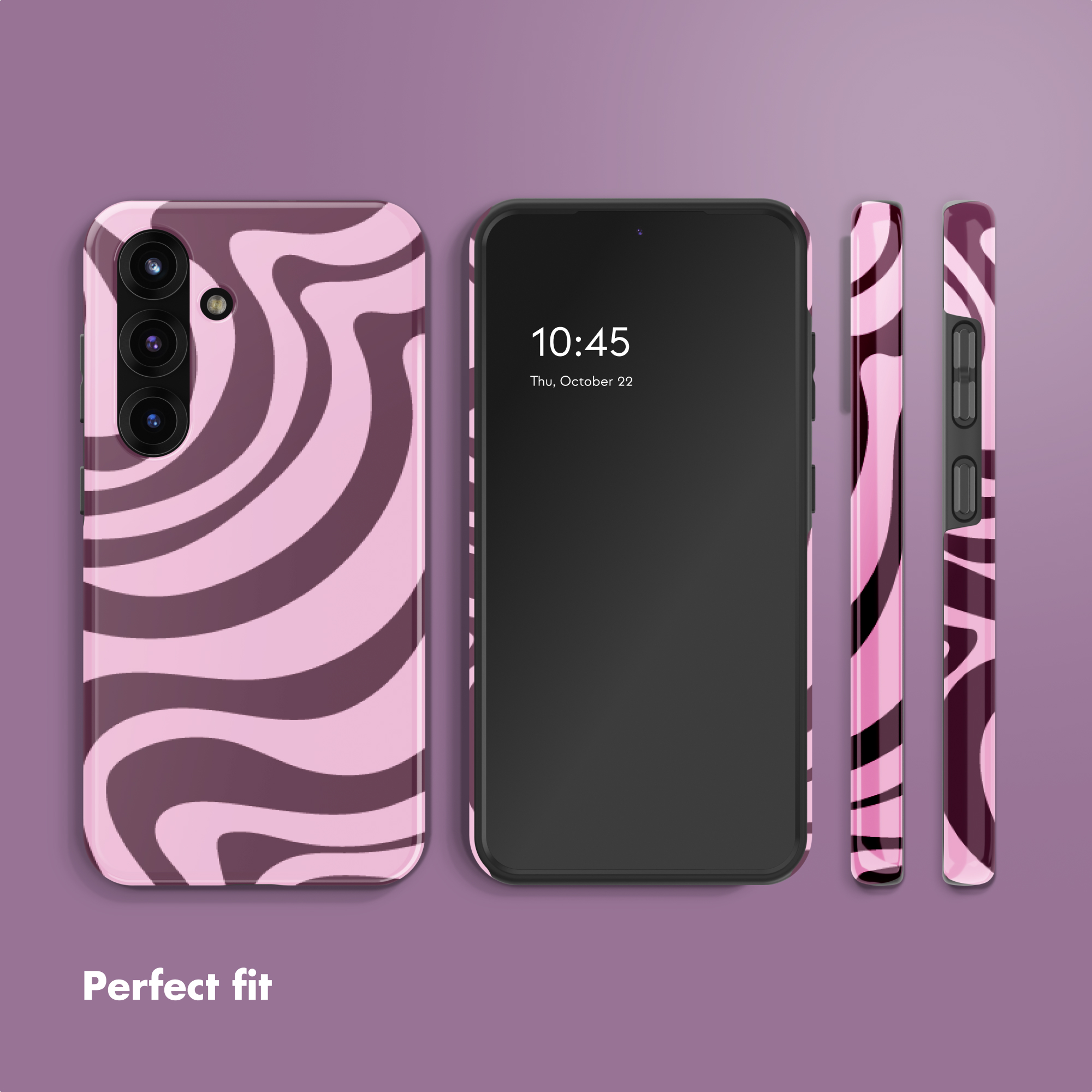 Un teléfono inteligente con funda rosa y morada de ondas.