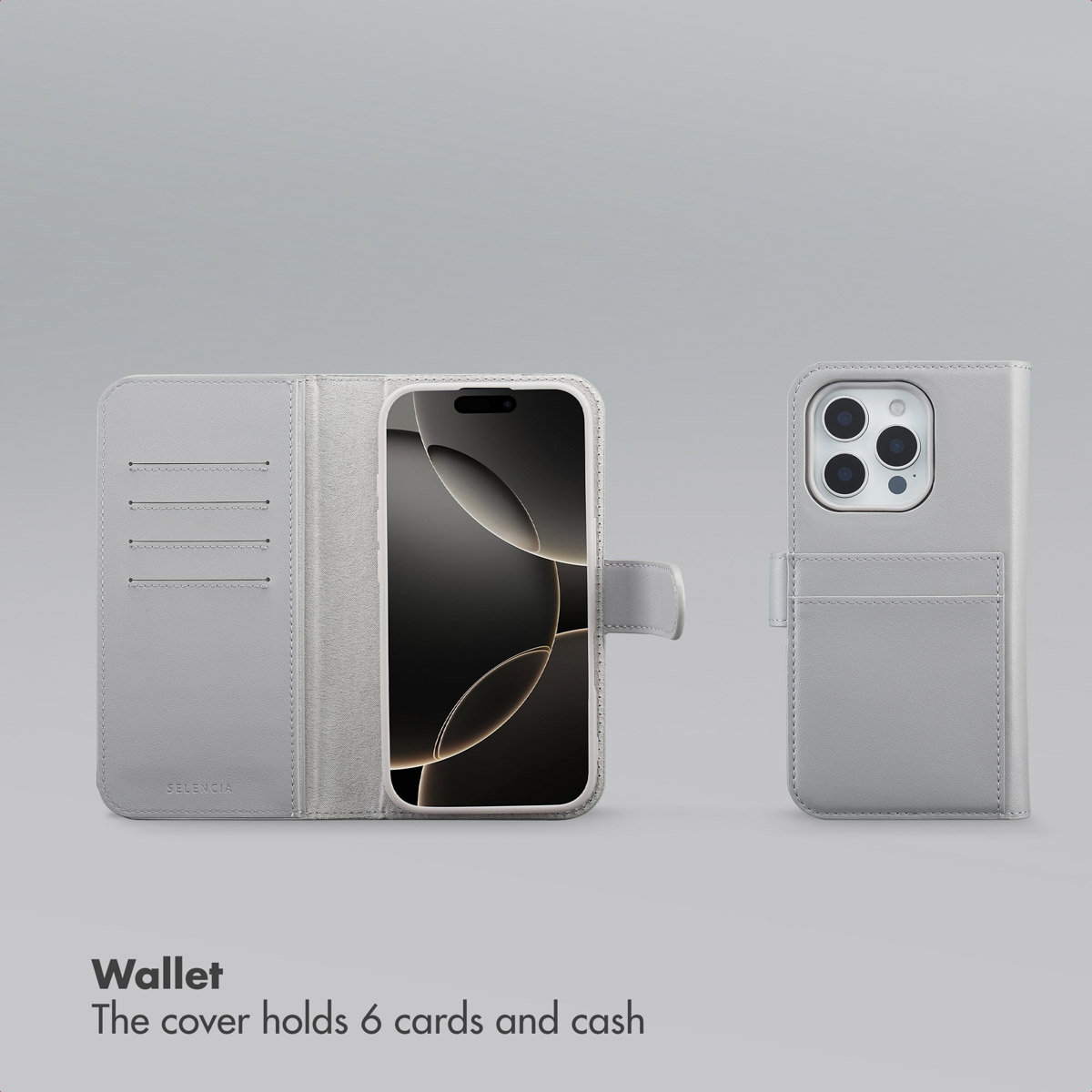 Ein graues Handy-Wallet-Etui mit Kartenfächern und einem Smartphone, offen und geschlossen gezeigt.