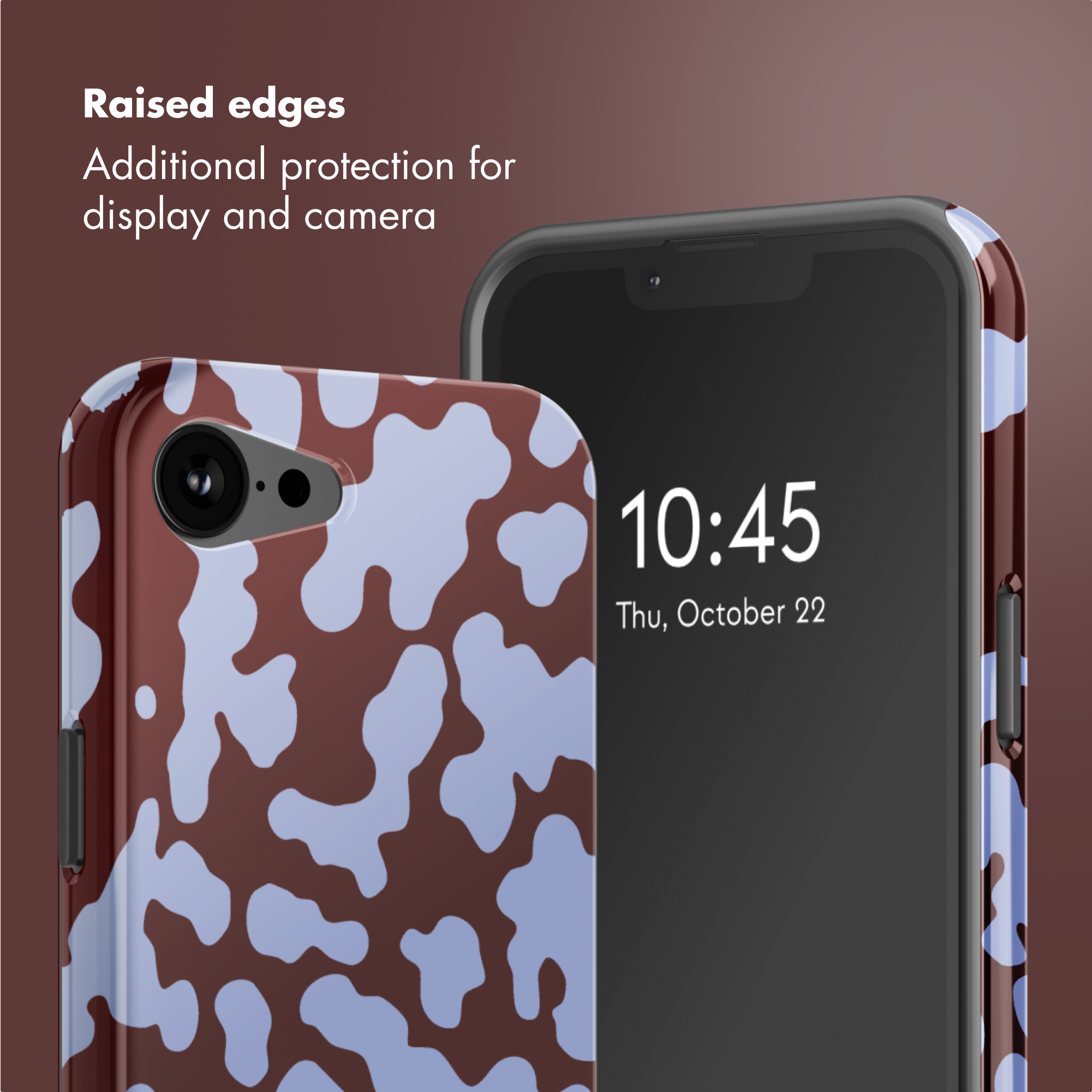 Cover per telefono con motivo a chiazze marroni e blu, con bordi rialzati per proteggere schermo e fotocamera.