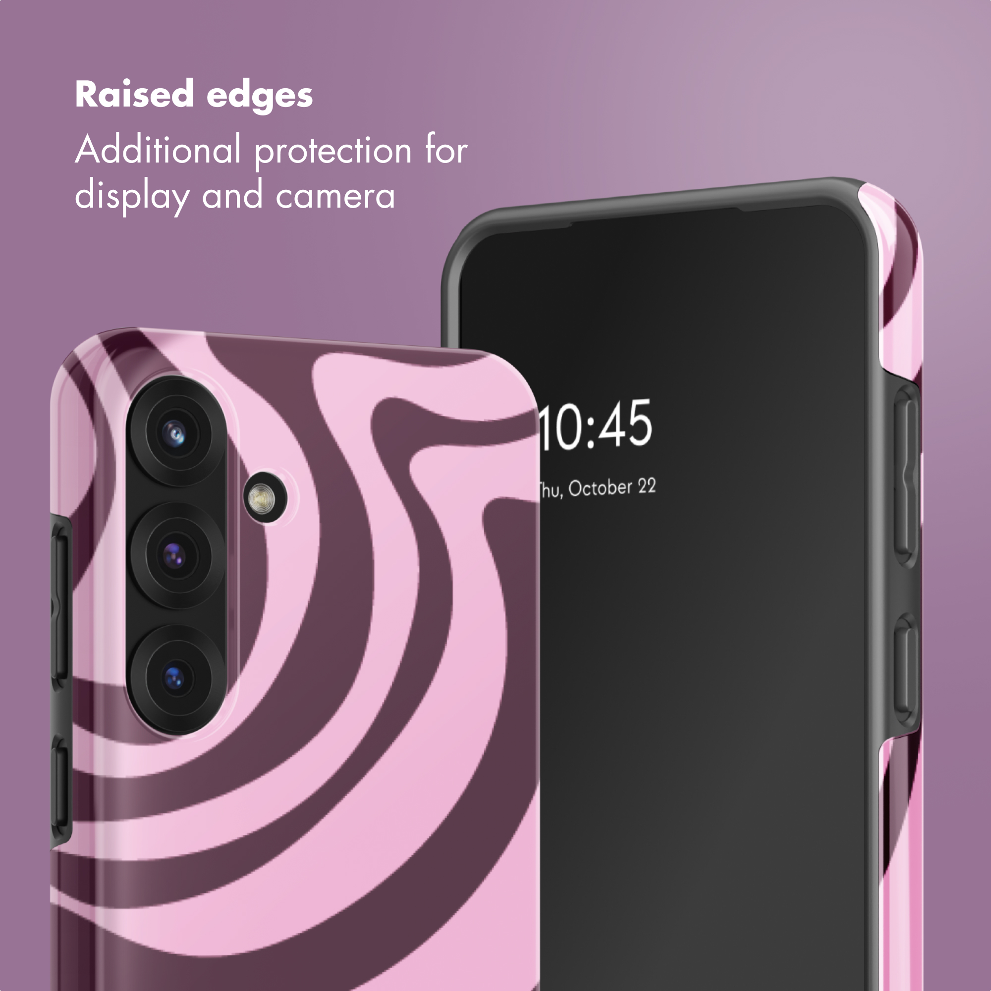 Dos smartphones con fundas onduladas rosas y moradas, destacando bordes elevados.