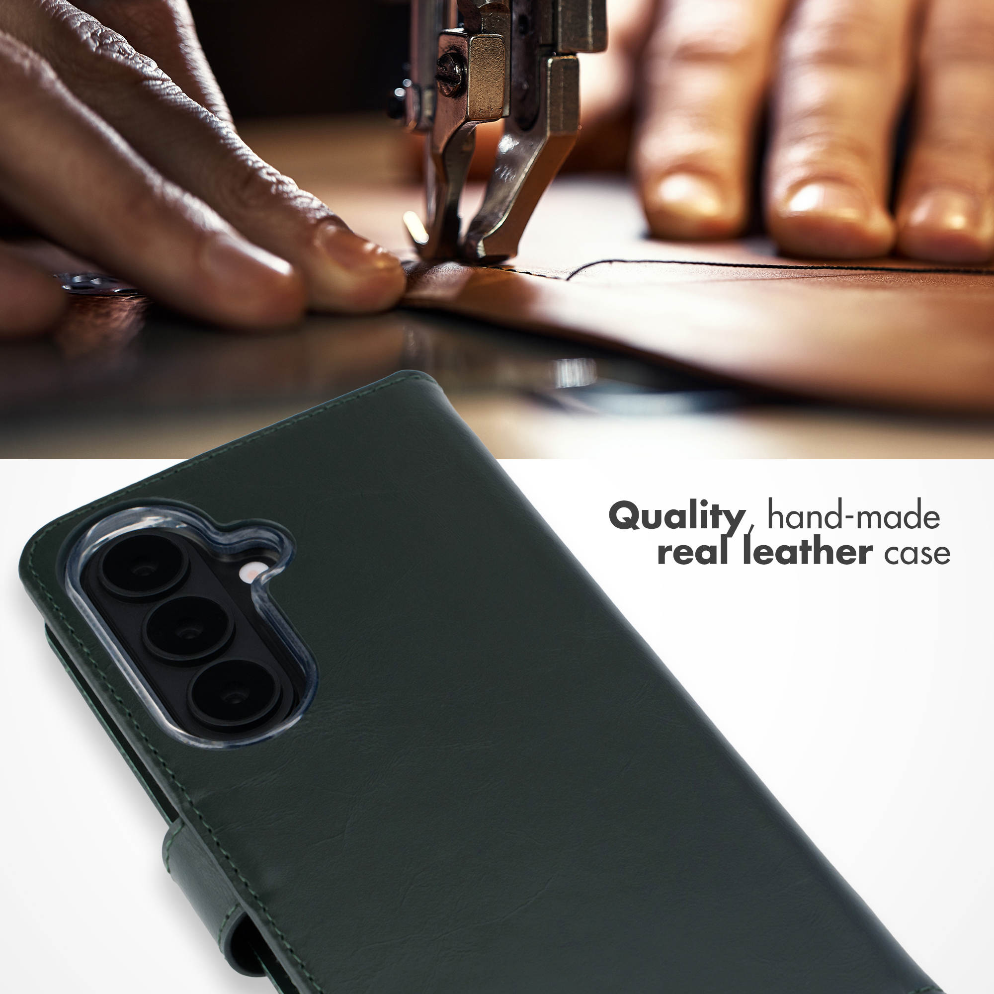 Una macchina da cucire cuoio sopra una custodia per telefono in pelle verde scuro con del testo.