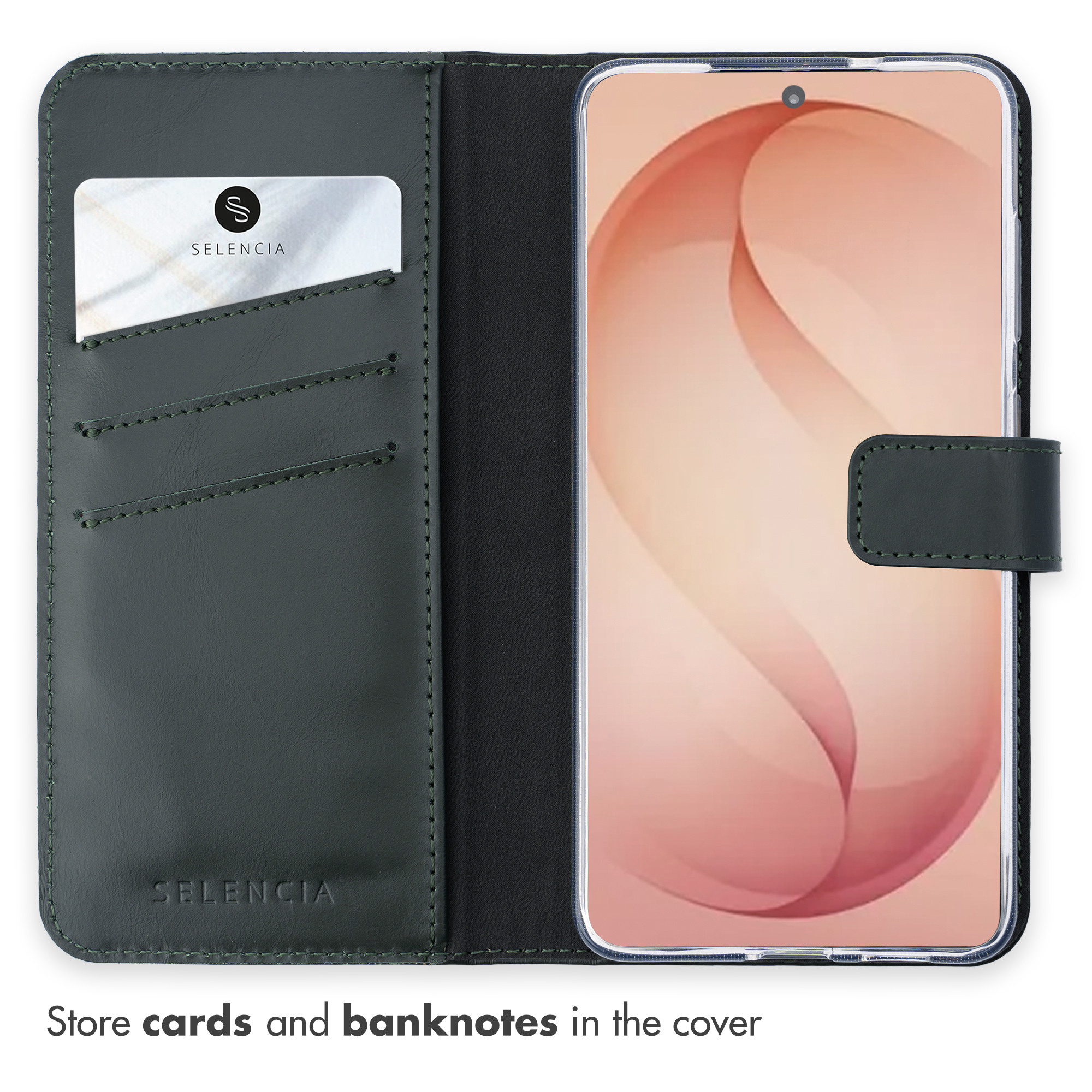 Una custodia per telefono in pelle verde con tasche per carte, aperta e con uno smartphone.