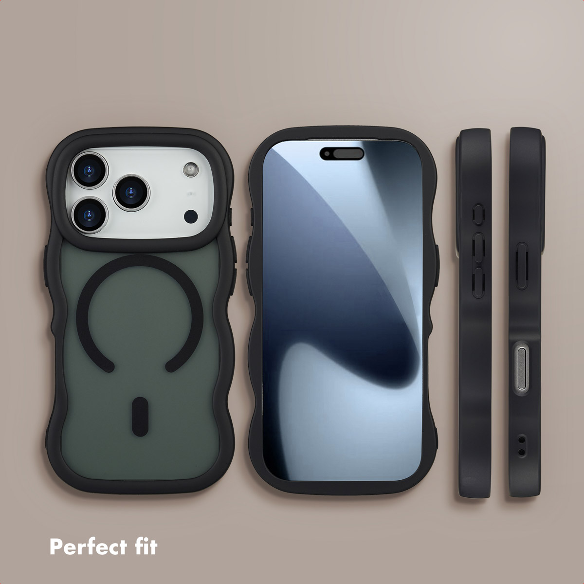 Un smartphone desde varios ángulos en una funda negra ondulada con anillo magnético, con el texto Perfect fit.