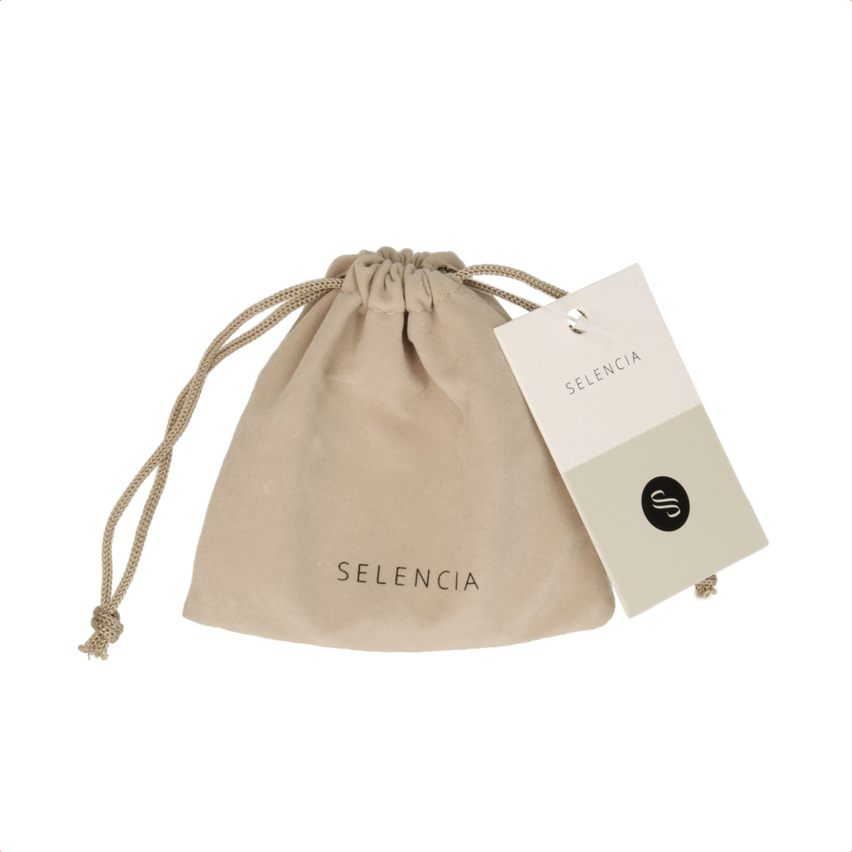 Bolsa de cordón beige con la marca Selencia y una etiqueta adjunta sobre fondo blanco.