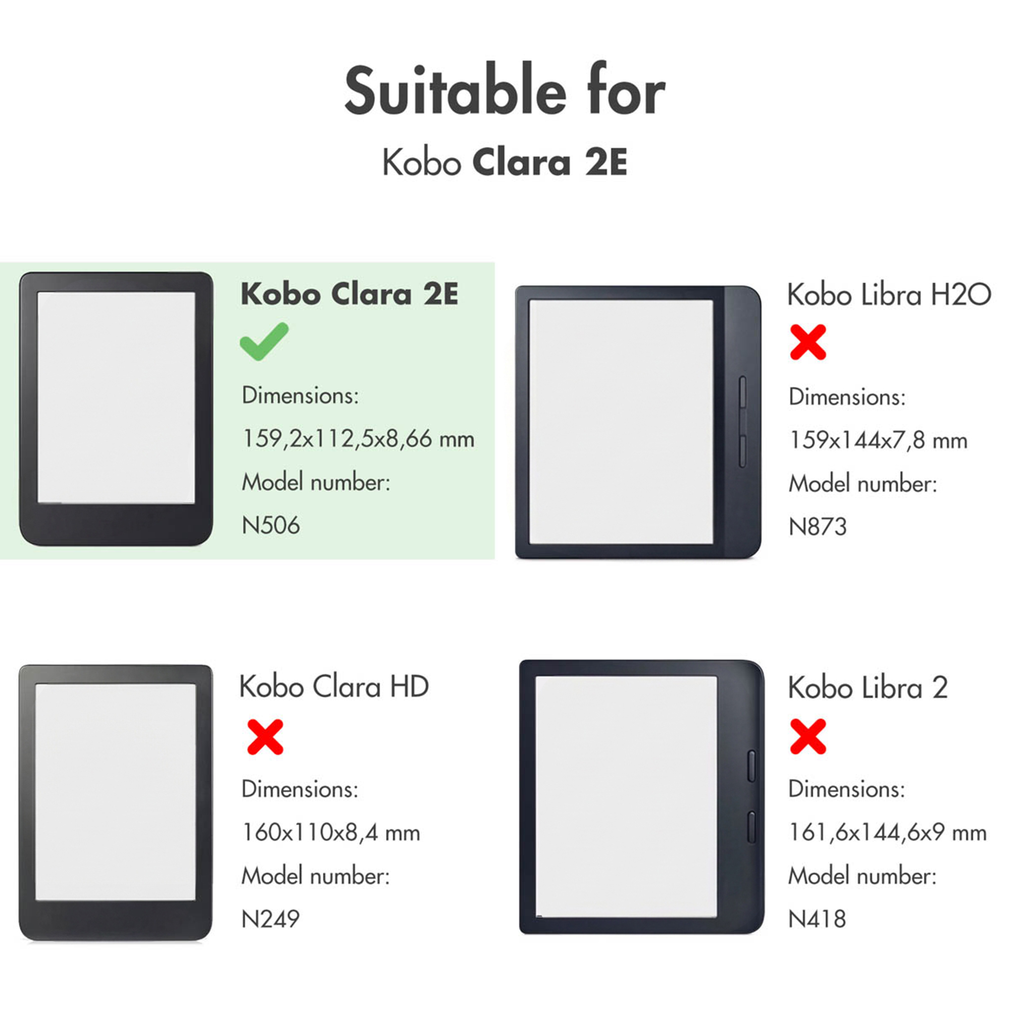 Vergelijkingstabel die toont dat Kobo Clara 2E compatibel is en de andere niet.