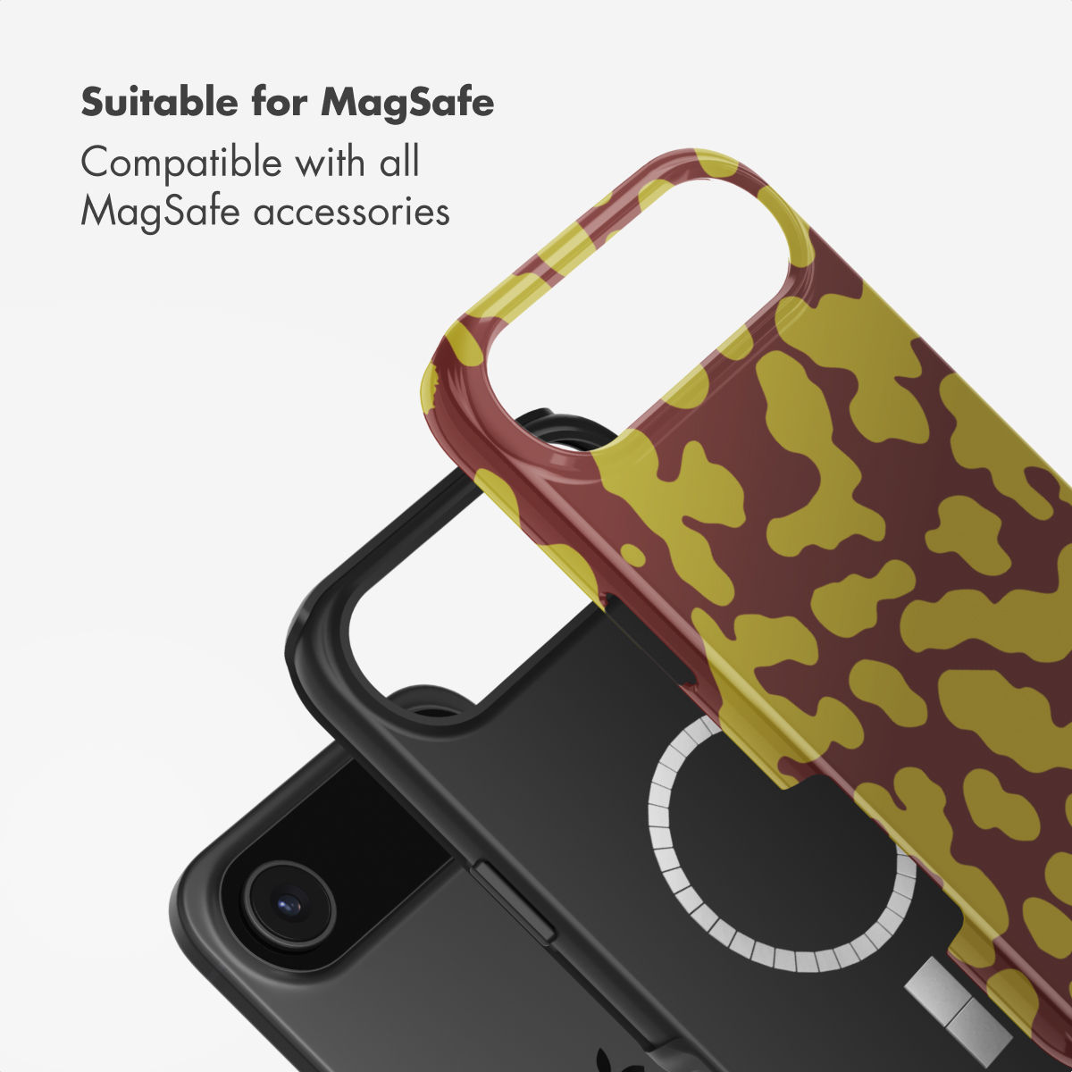 Cover per telefono compatibili MagSafe, una con motivo camouflage rosso e giallo e una nera.