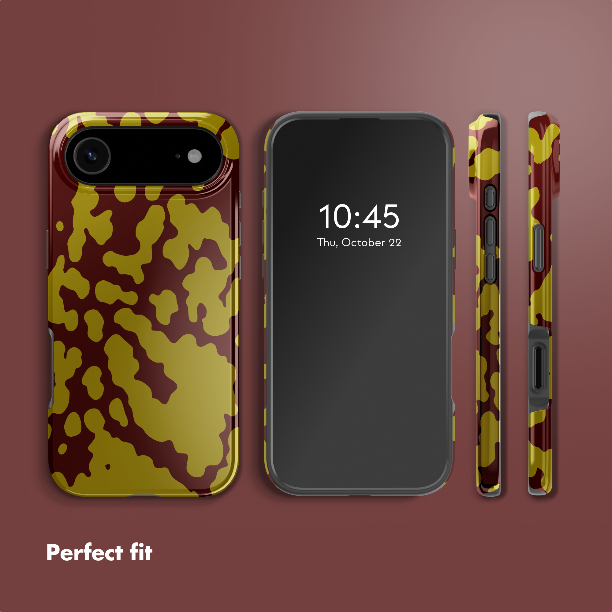 Smartphone con custodia mimetica rossa e oro, viste frontale e laterale.