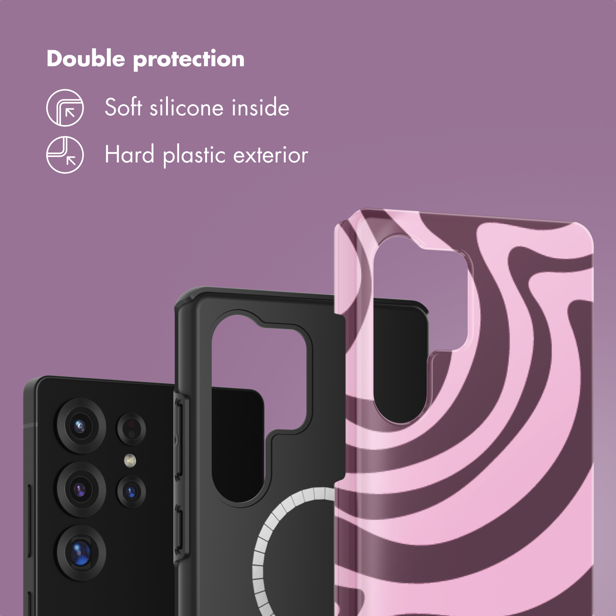 Doppia protezione con interno in morbido silicone ed esterno in plastica rigida.