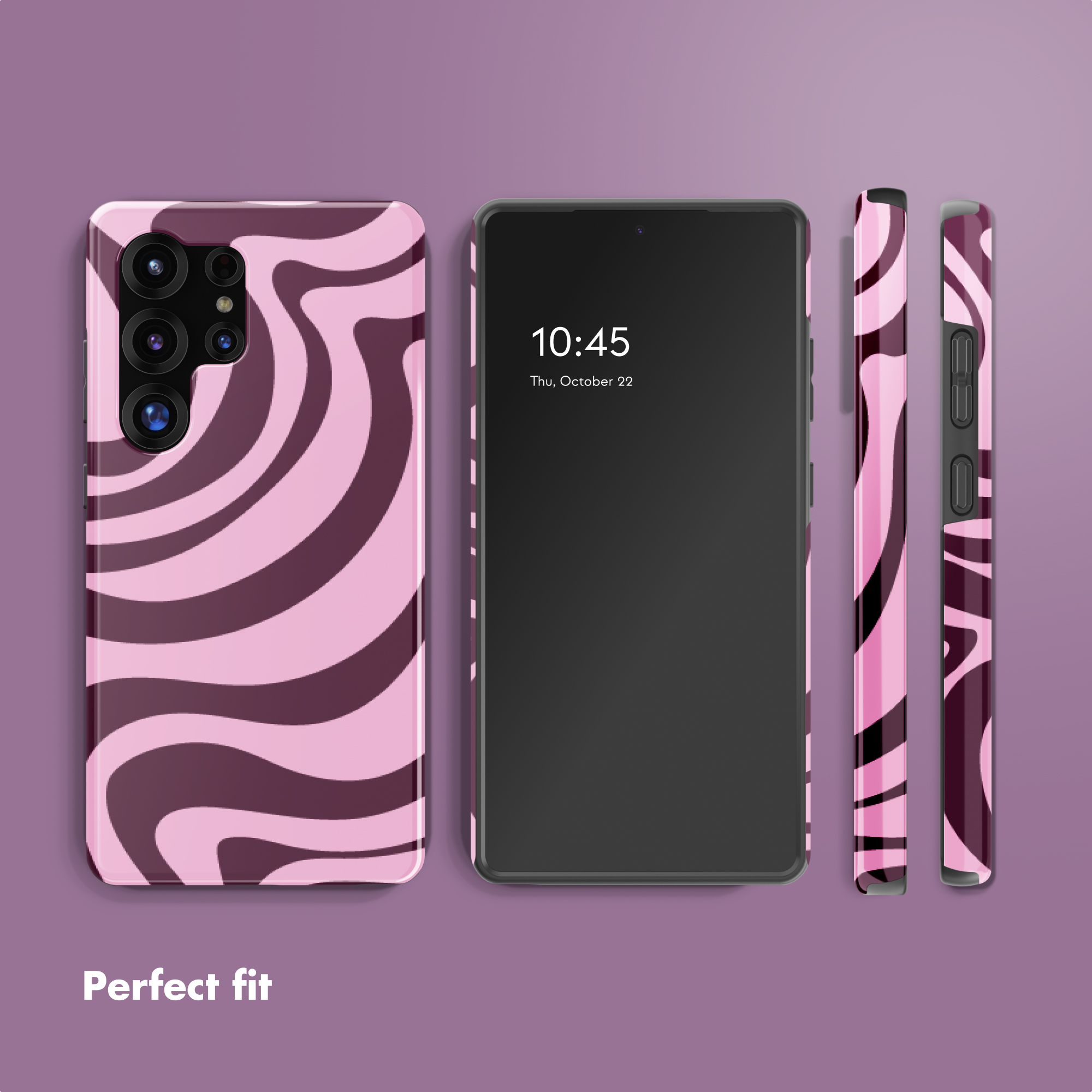 Smartphone con custodia con motivo astratto ondulato rosa e viola scuro, mostrato da più angolazioni.