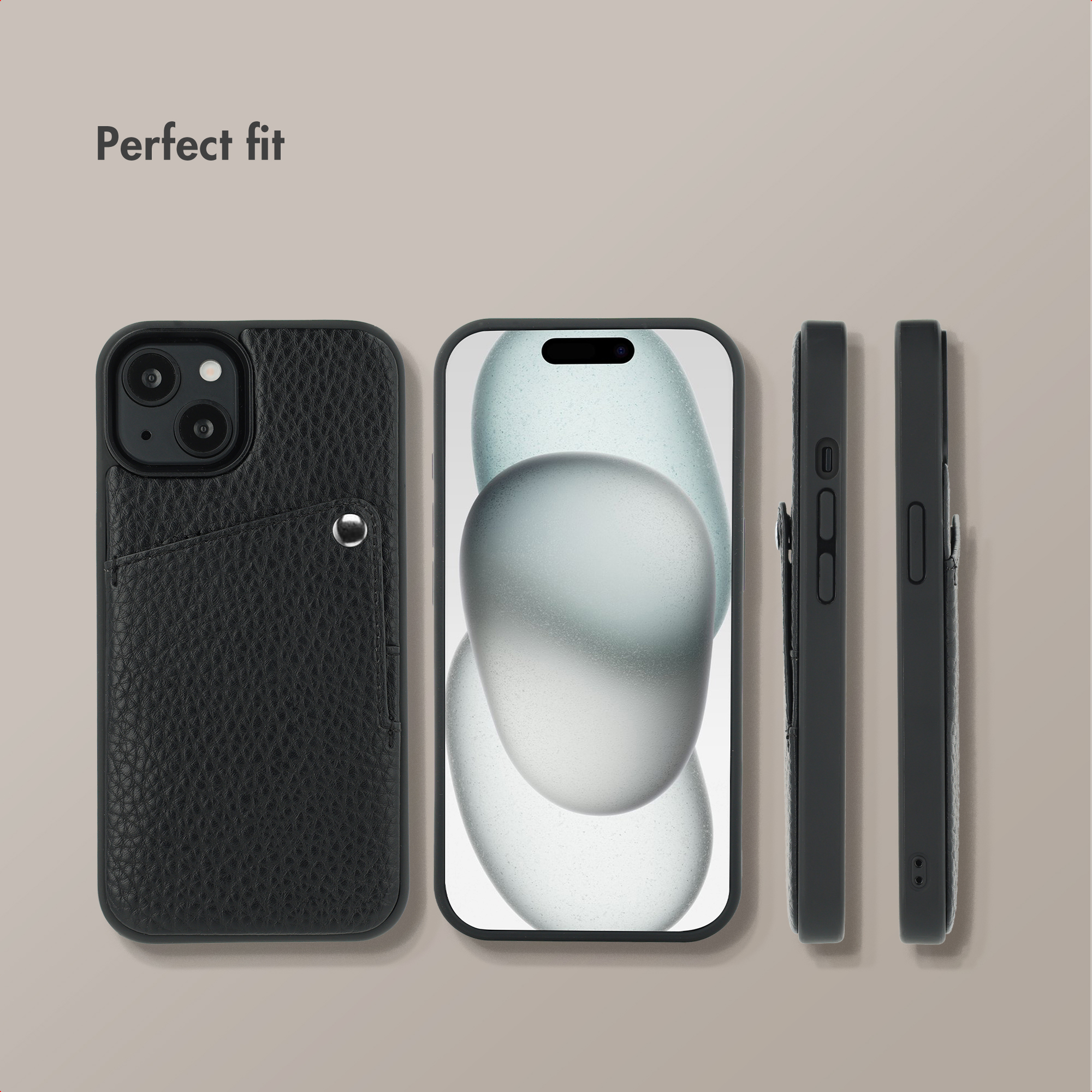 Zwarte leren telefoonhoesje vanuit vier hoeken met tekst Perfect fit op beige achtergrond.
