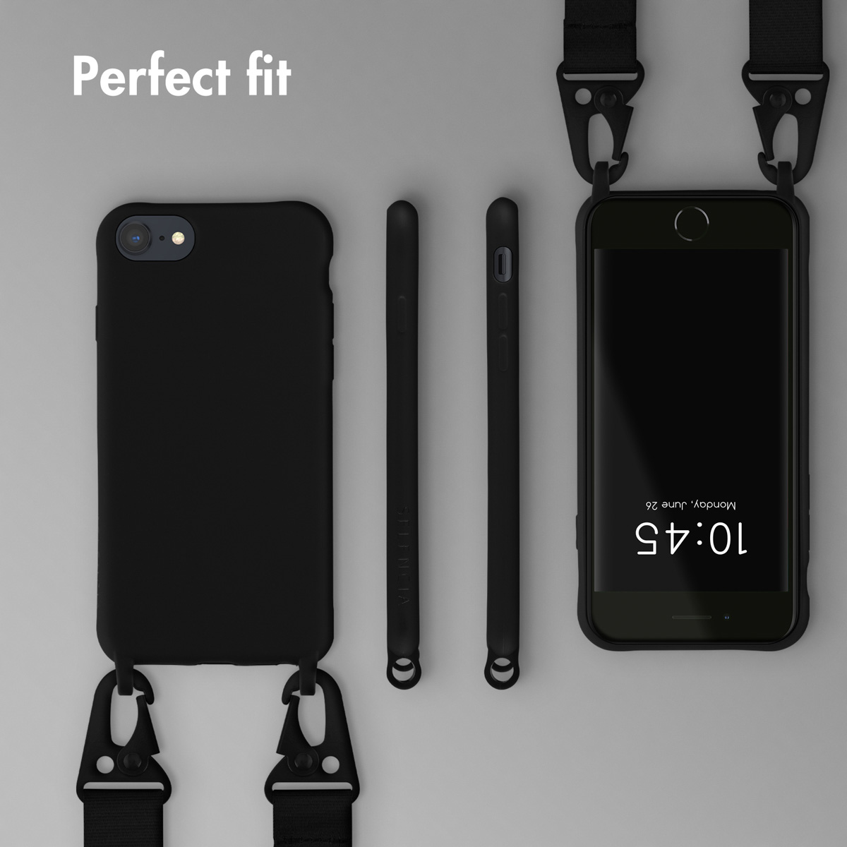 Schwarze Schutzhülle für ein Smartphone mit verstellbarem Tragegurt und Text Perfect Fit.