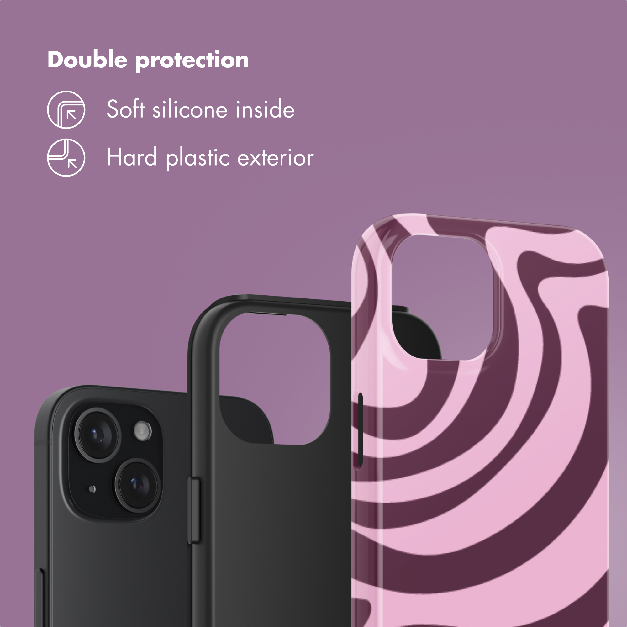 Telefoonhoesje met dubbele bescherming, zachte siliconen binnenkant en harde plastic buitenkant.