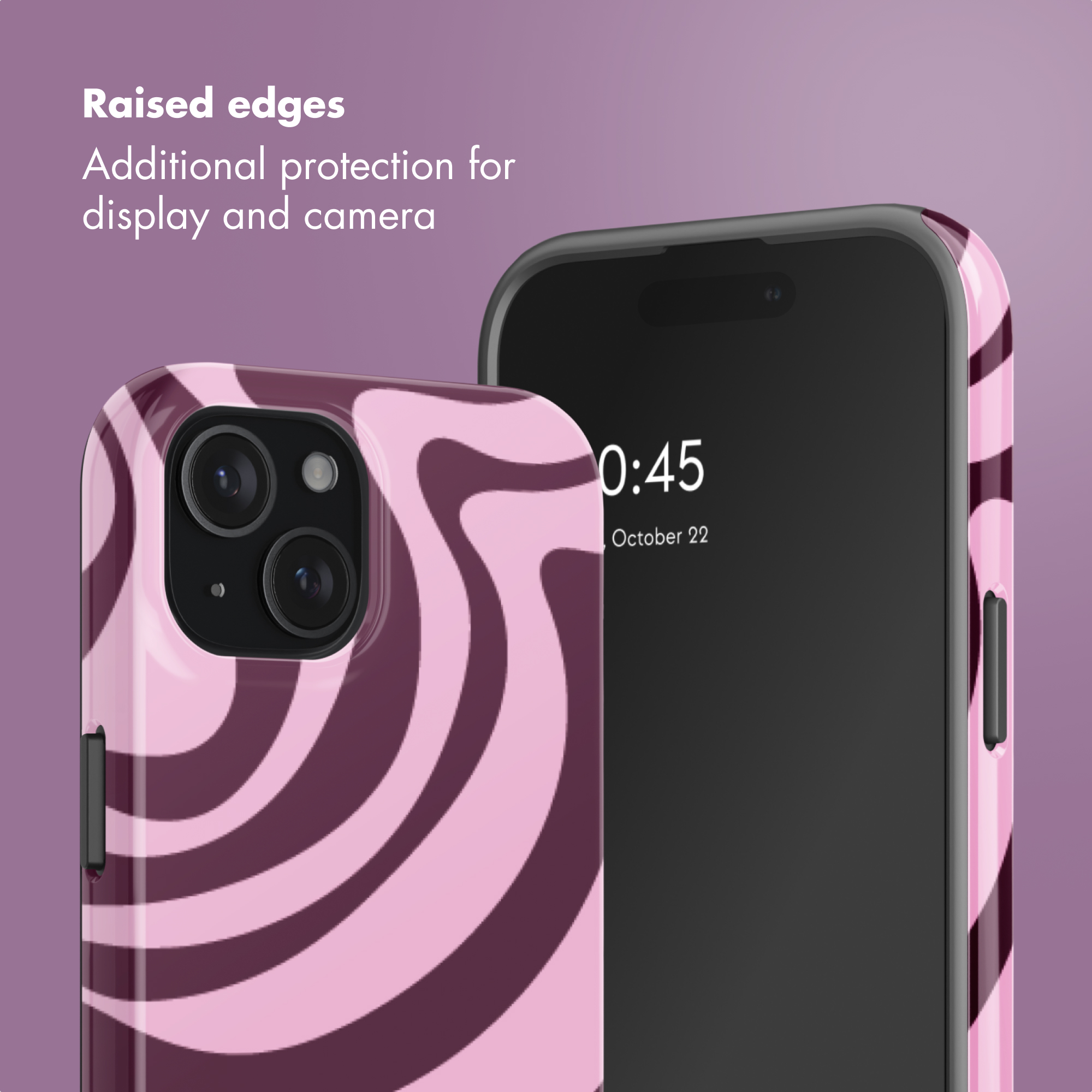 Twee smartphones met roze-bruine wervelende hoesjes en tekst Raised edges tegen een paarse achtergrond.