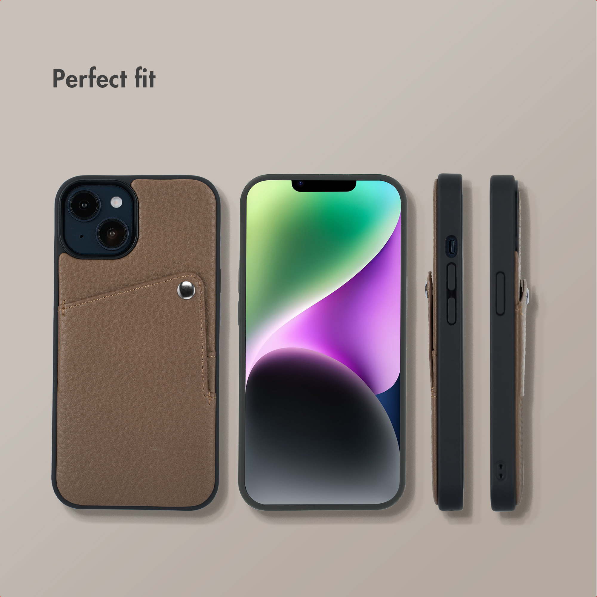 Vues multiples d'un smartphone dans une coque en cuir marron avec porte-cartes sur fond beige.