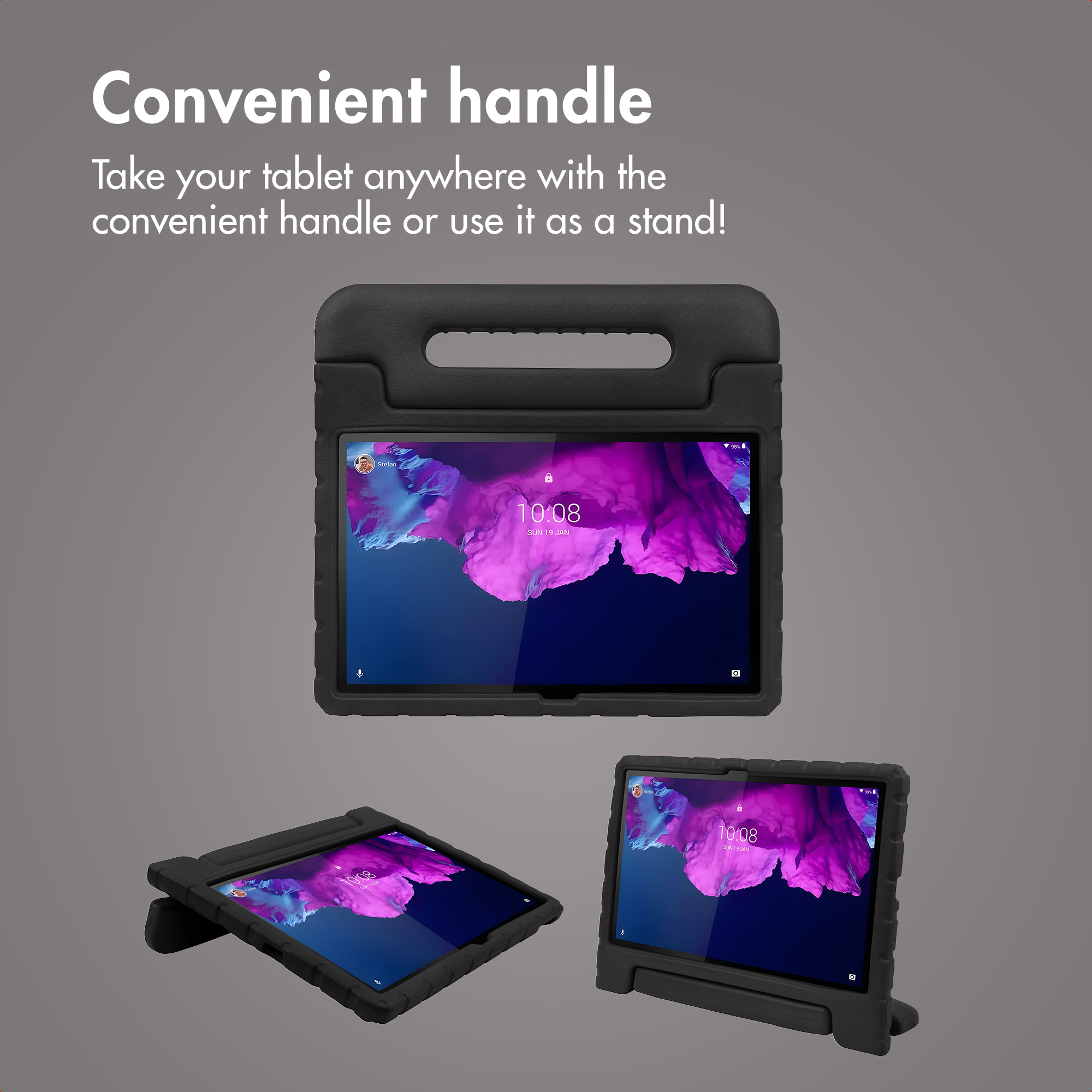 A black protective tablet case with a handle that converts into a stand, shown from three angles.