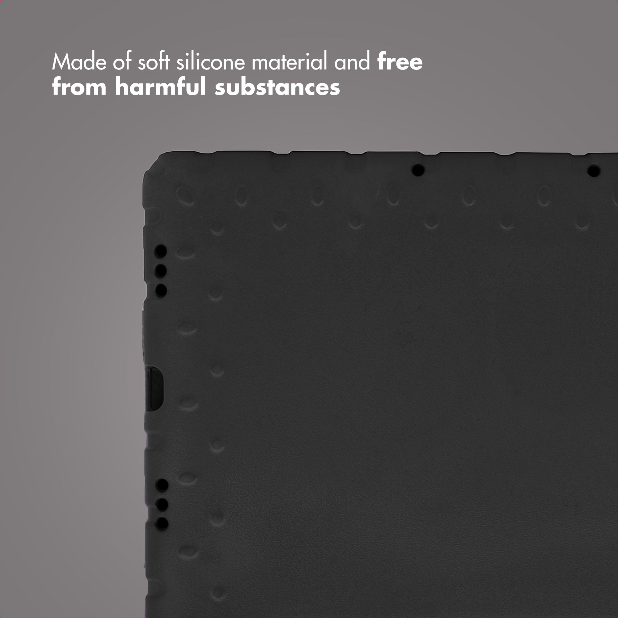 Dark textured silicone case on gray background with text above.