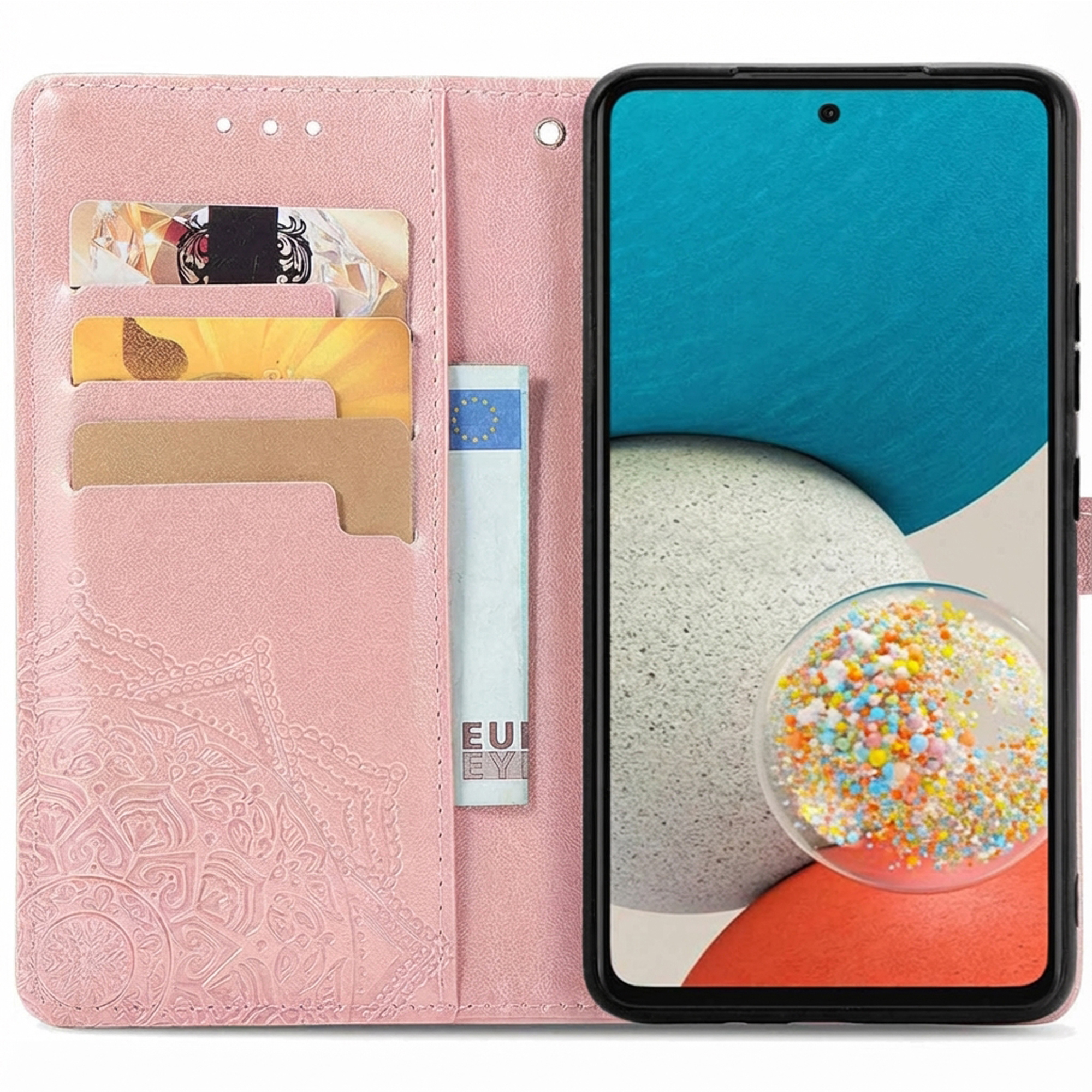 Étui portefeuille en cuir rose pour téléphone avec fentes.