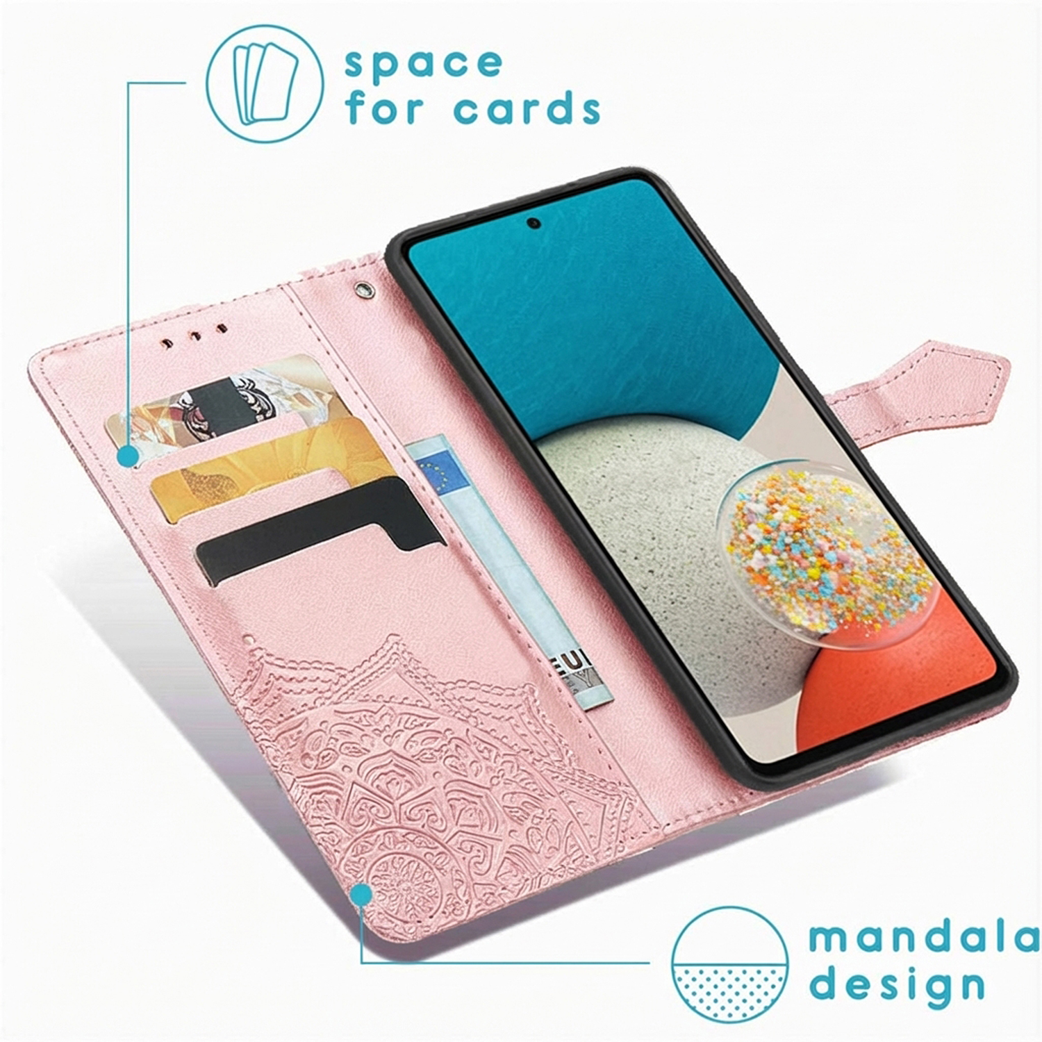 Étui portefeuille rose pour téléphone avec fentes pour cartes, design mandala et smartphone.