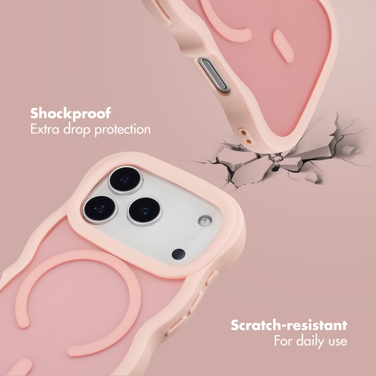 Funda de teléfono rosa que demuestra características a prueba de golpes y arañazos.