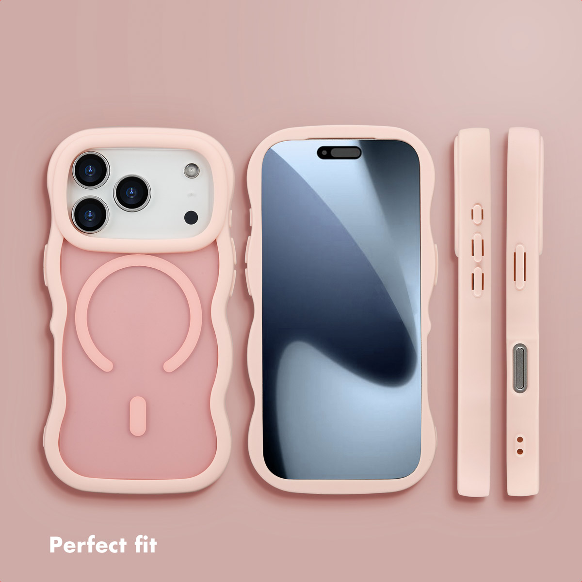 Funda de móvil rosa mostrada desde varios ángulos sobre fondo rosa, con diseño ondulado y ergonómico.