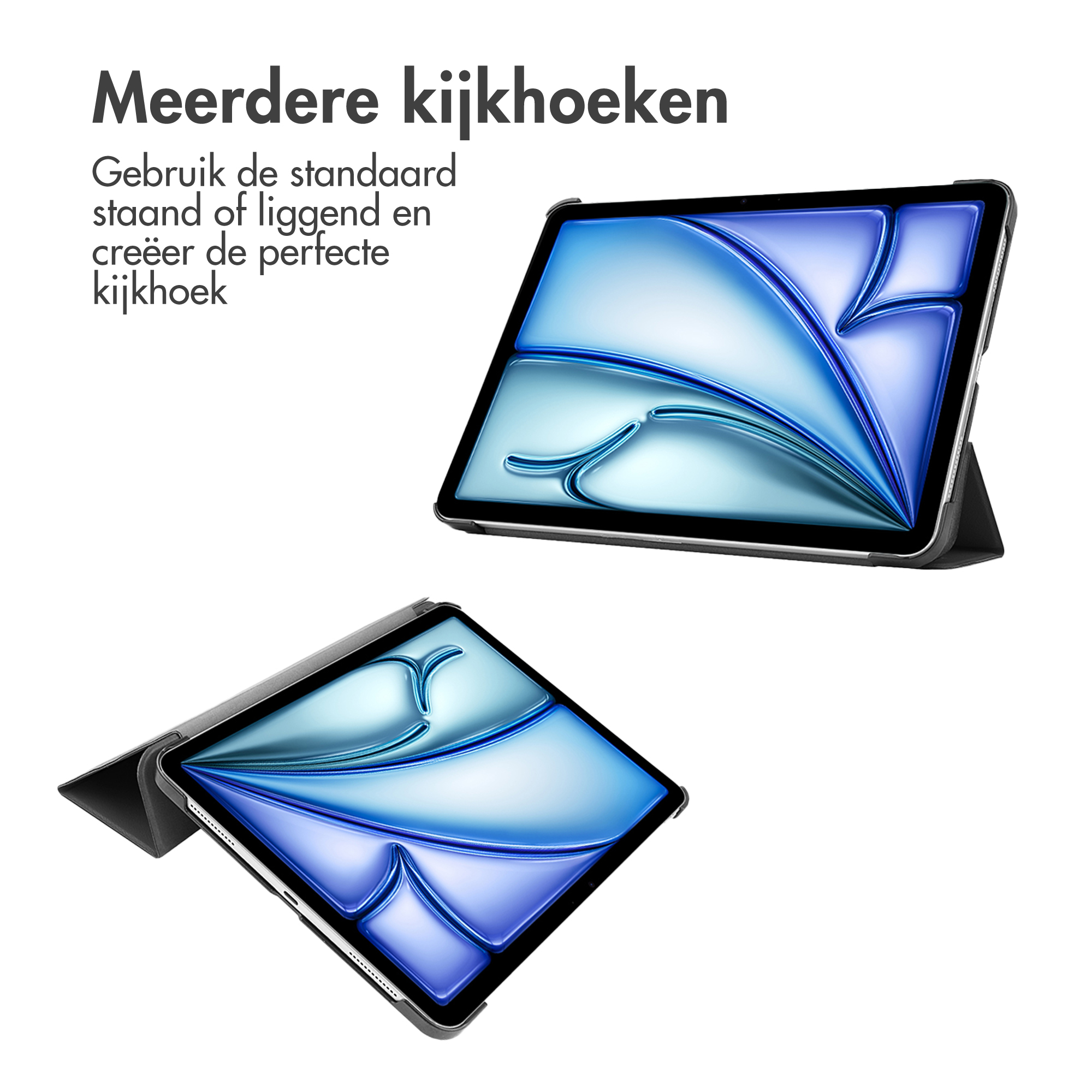 Due tablet in custodie nere con salvavita astratti blu, su sfondo bianco con testo in olandese.