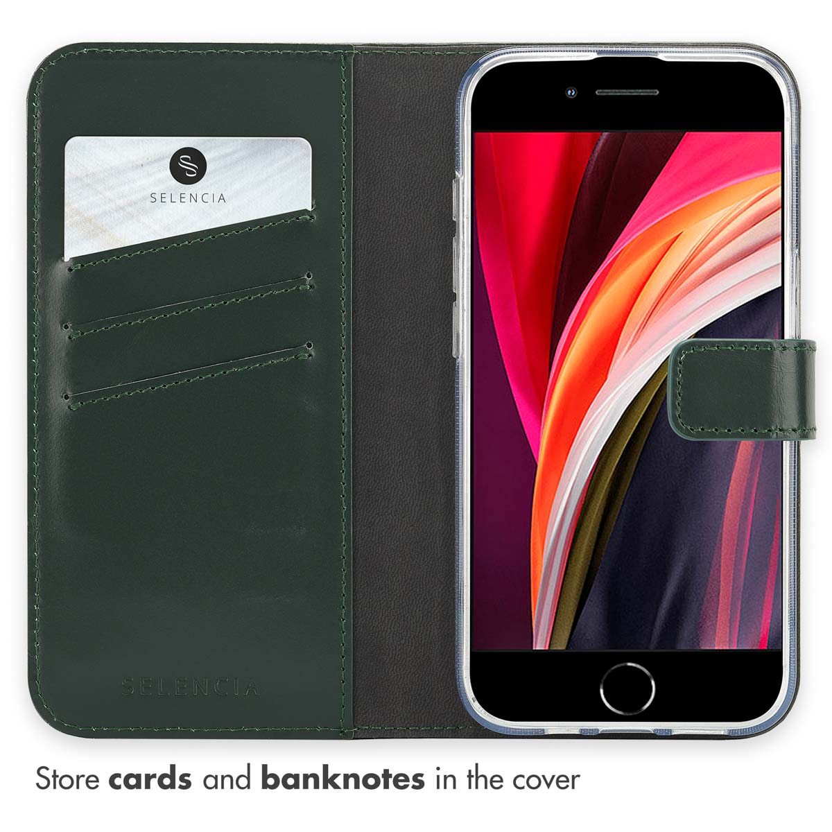 Un étui de téléphone en cuir vert foncé avec fentes pour cartes et un smartphone au fond abstrait.