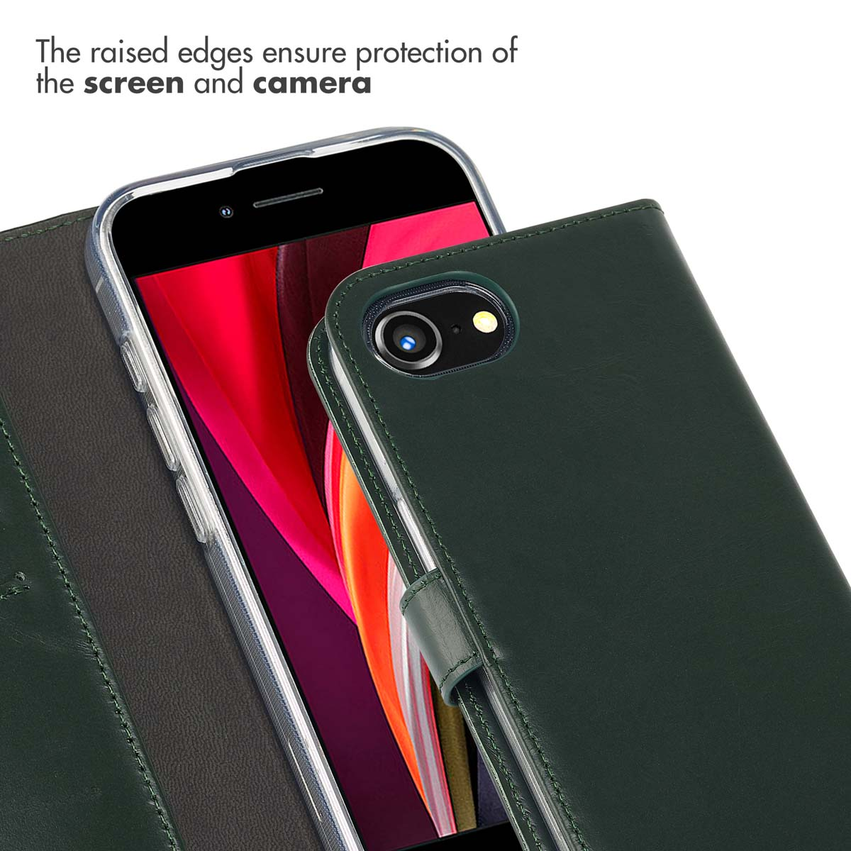 Étui de téléphone en cuir vert protège l'écran et la caméra avec des bords surélevés.