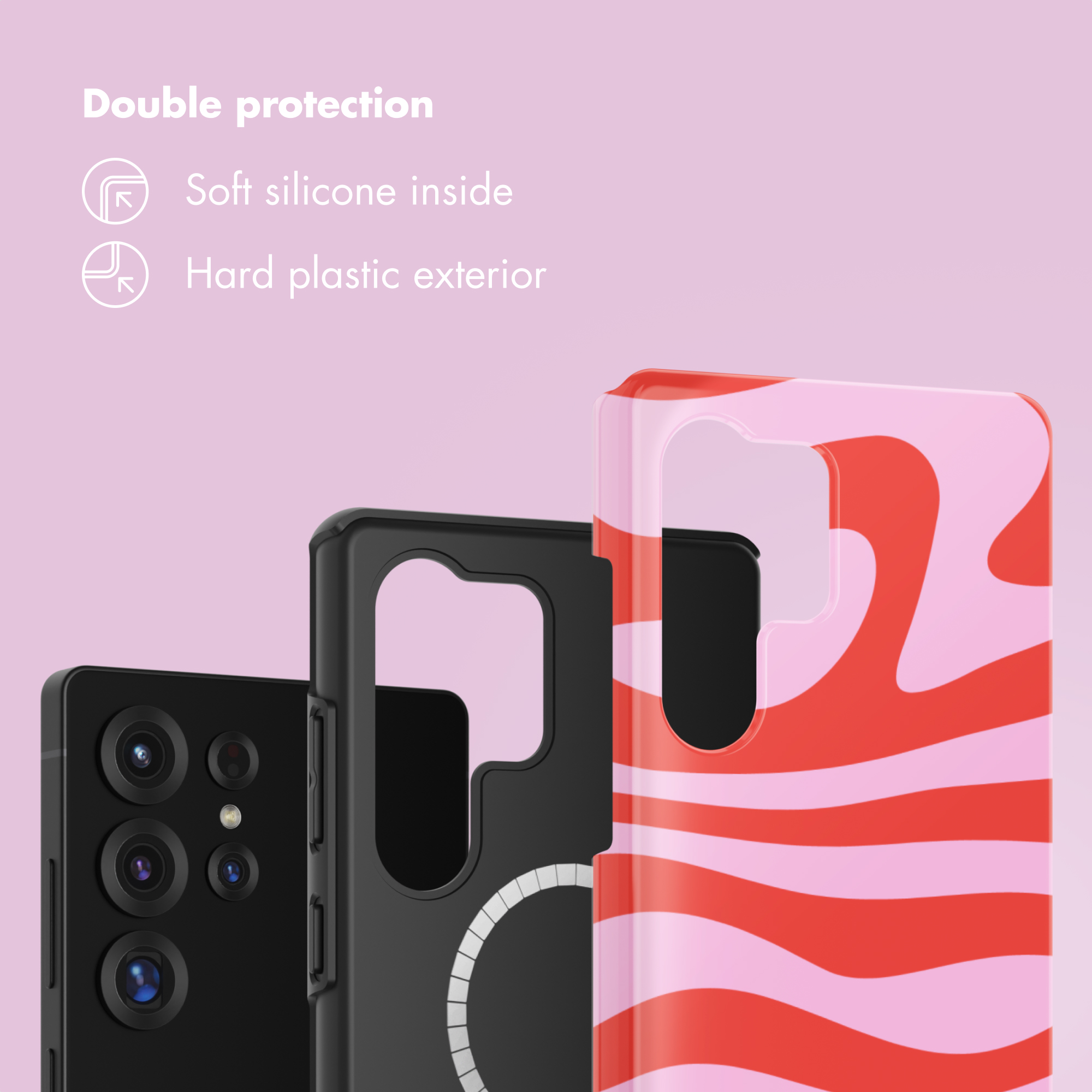 Una cover per telefono evidenzia una doppia protezione con silicone morbido interno e plastica rigida esterna su sfondo rosa.