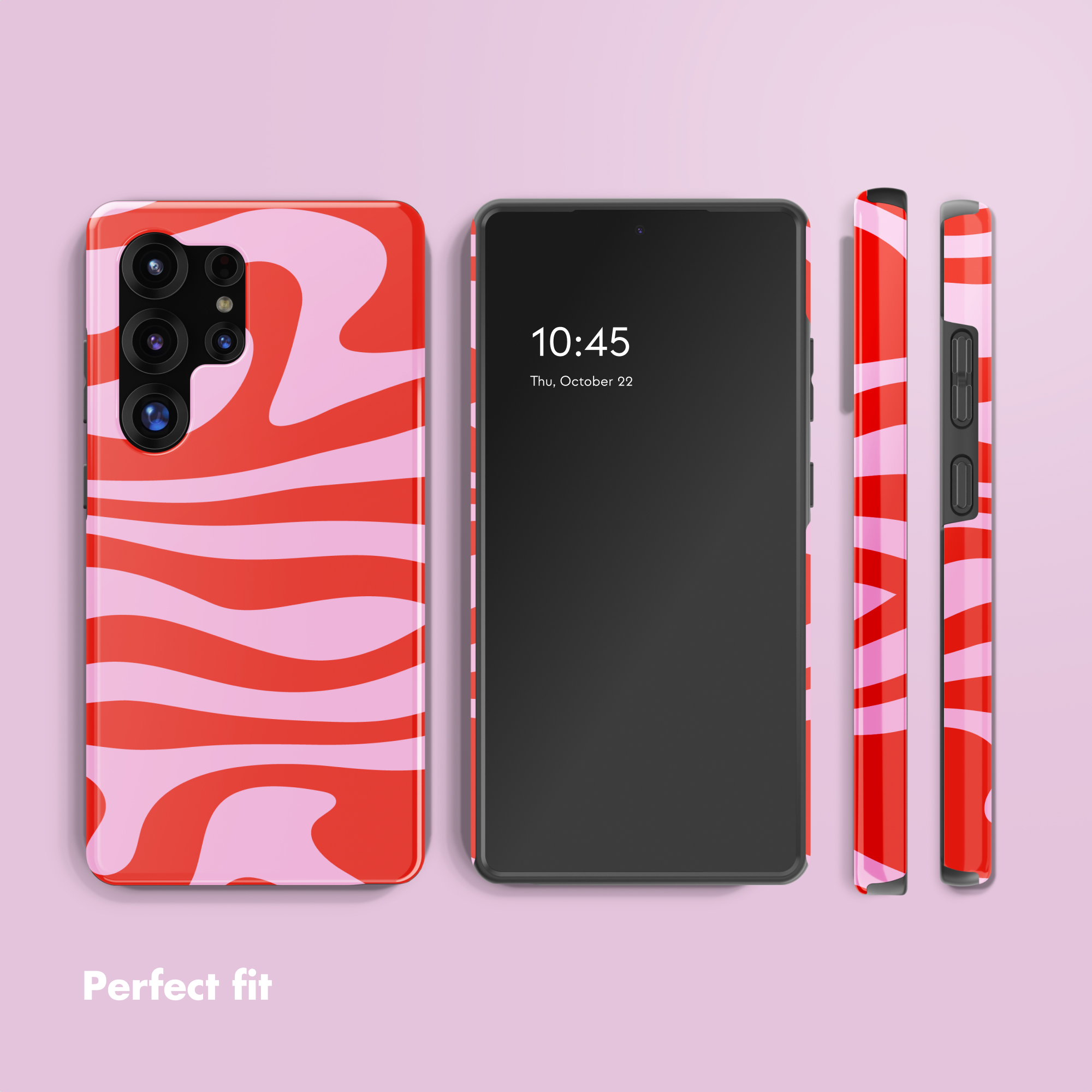 Smartphone con cover a onde rosse e rosa, viste frontali e posteriori su sfondo rosa.