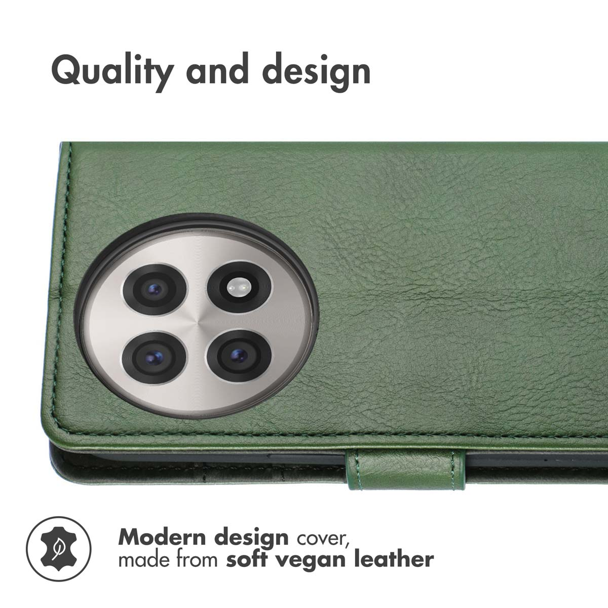 Custodia per telefono in pelle vegana verde con quattro lenti rotonde.