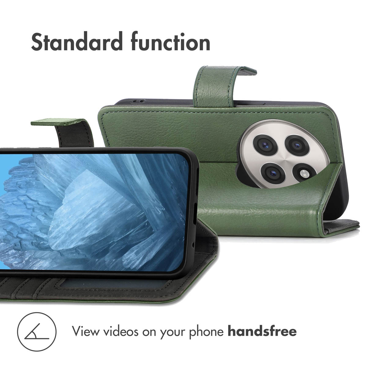 Custodia a libro in pelle verde con funzione supporto e quattro fotocamere.