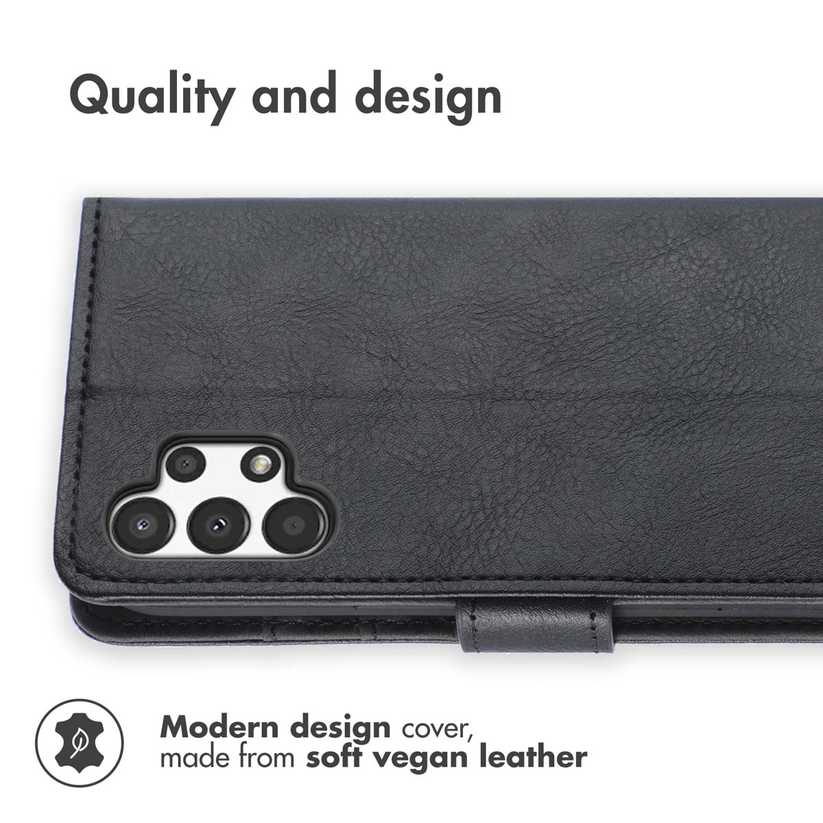 Étui de téléphone en cuir vegan noir avec découpes pour appareil photo et texte "Quality and design".