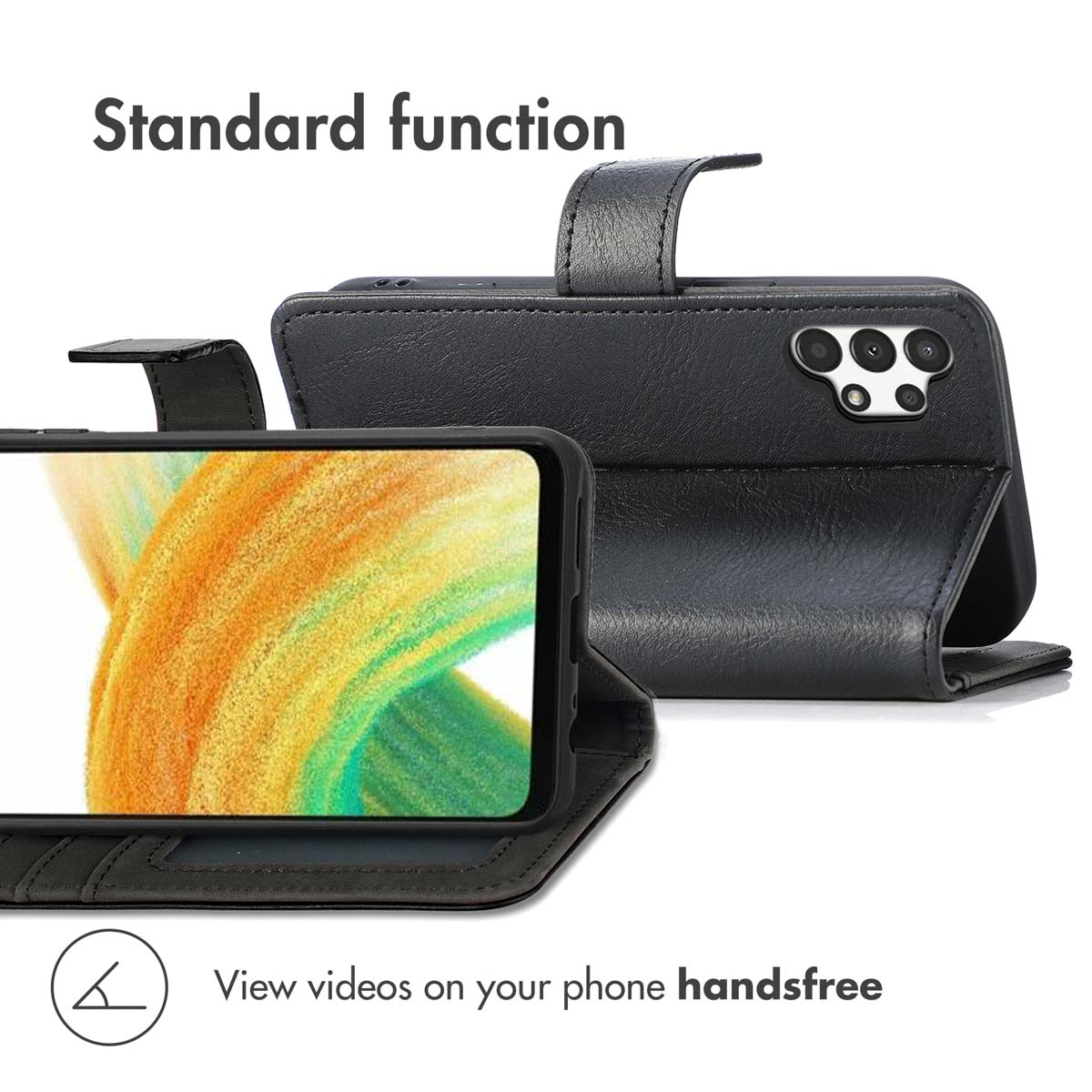 Un étui portefeuille en cuir noir pour smartphone est ouvert, montrant l'écran et les découpes de l'appareil photo.