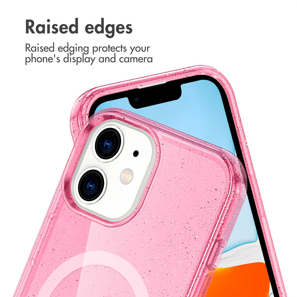 Primo piano di una cover per telefono rosa glitterata con bordi rialzati per proteggere lo schermo.