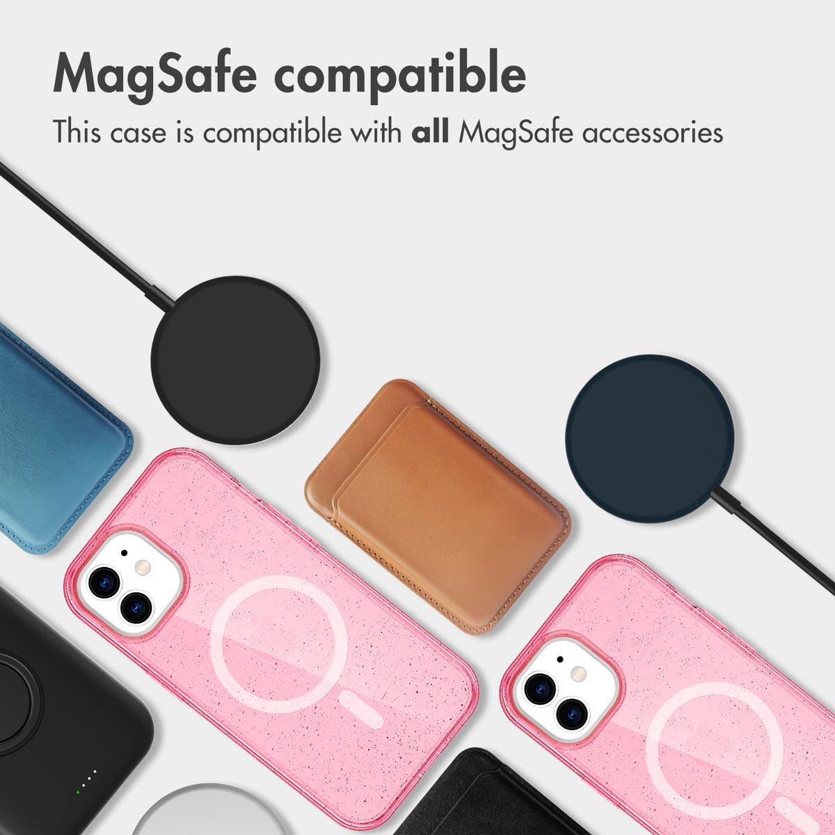 Custodie e accessori compatibili MagSafe su sfondo chiaro con testo.