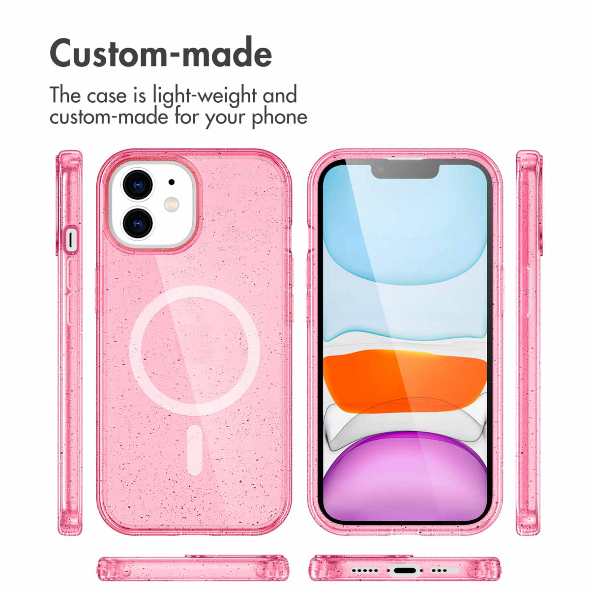 Cover per telefono rosa glitterata mostrata da più angolazioni con testo sul design personalizzato.